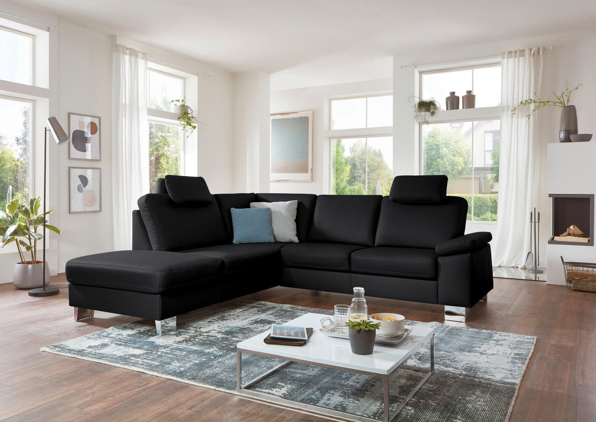 ECKSOFA  in Echtleder Schwarz  235/248 cm  - Alufarben/Schwarz, Design, Leder/Metall (235/248cm) - Beldomo Premium