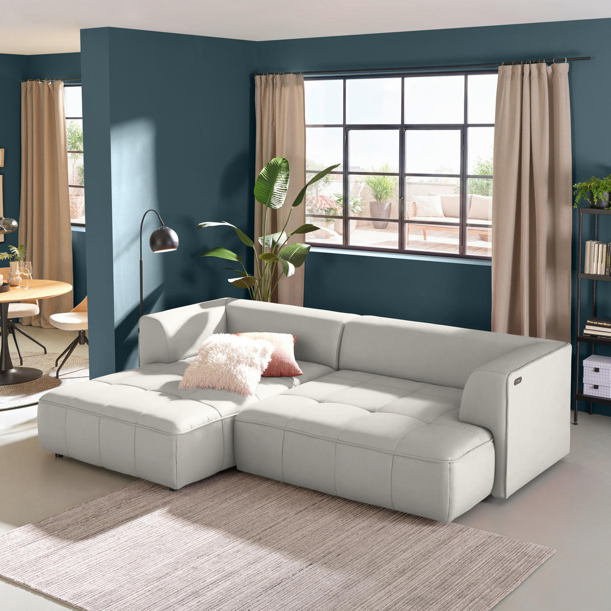 ECKSOFA Feincord Creme  - Creme/Schwarz, Design, Kunststoff/Textil (188/288cm) - Welnova