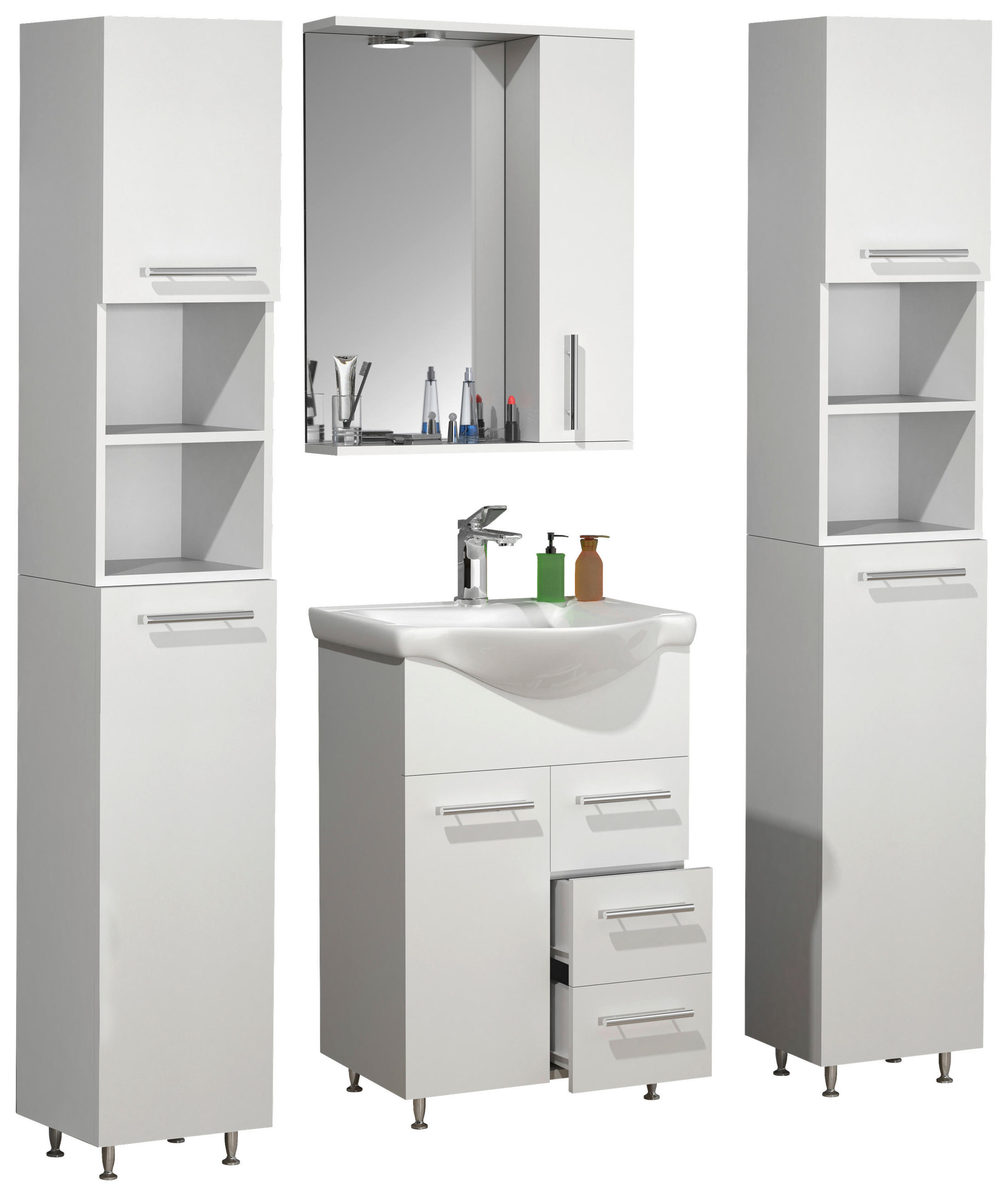 Thumbnail - Mid.you Badezimmer, Weiß, Kunststoff, 5-teilig, 10 Fächer, 2 Schublade(n),2 Schublade(n) Schubladen, 115 cm, Spiegel mit...