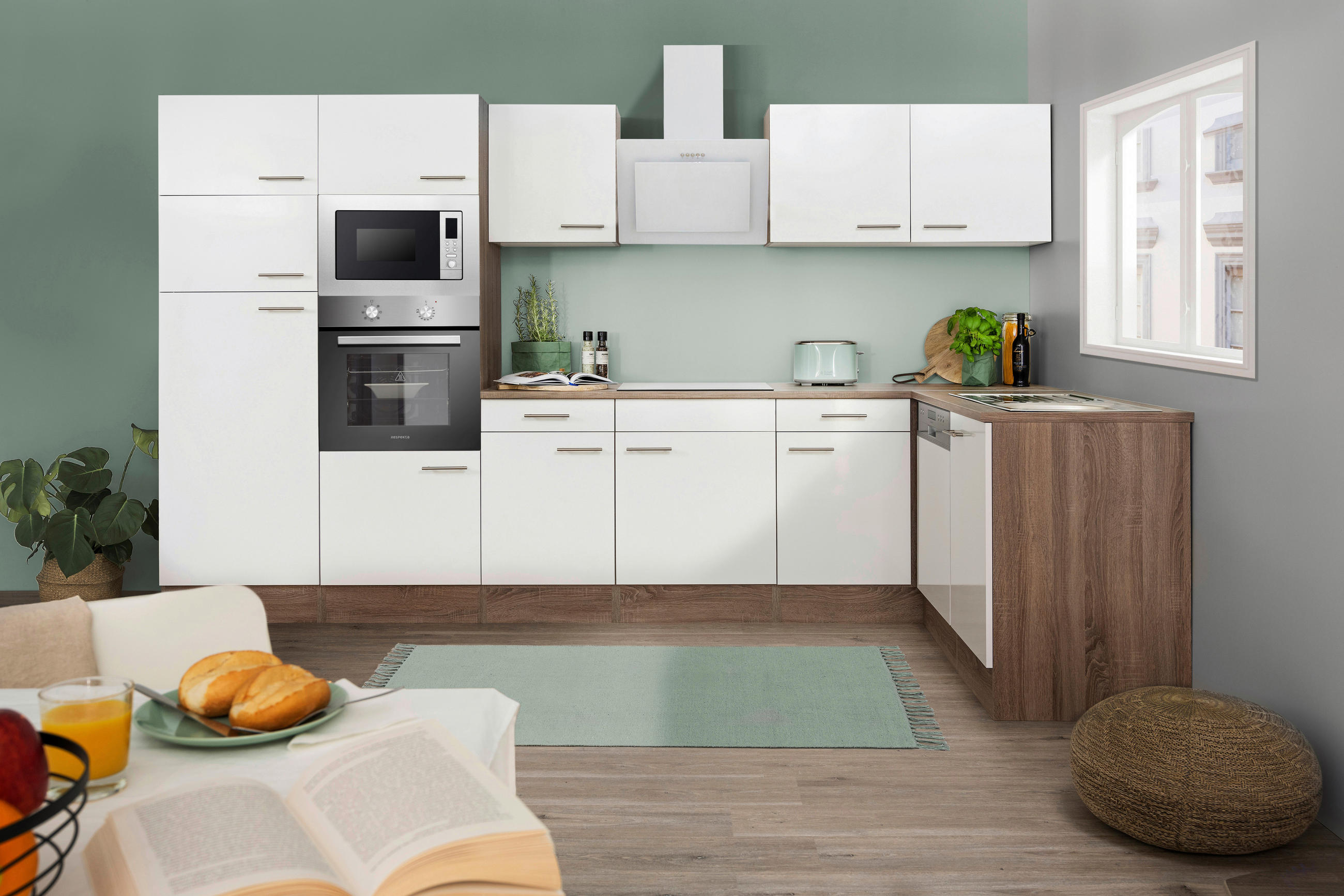 HÖRNKÖK 340/172 cm  i vit  - vit/ekfärgad, Basics, metall/trämaterial (340/172cm) - Respekta