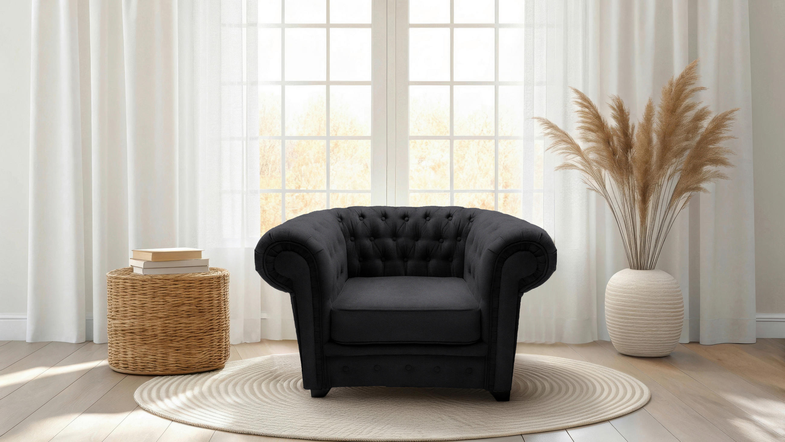 CHESTERFIELD-SESSEL Flachgewebe Schwarz  - Schwarz, Konventionell, Holz/Holzwerkstoff (91/72/92cm) - Livetastic