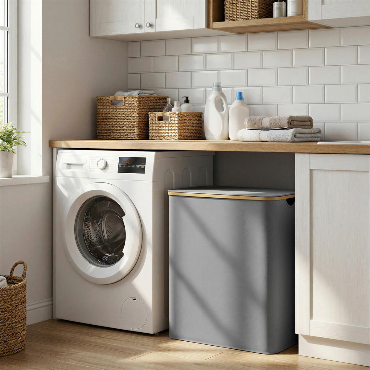 WÄSCHEKORB - Grau, Trend, Naturmaterialien/Kunststoff (60/70,5/38,5cm) - Boxxx