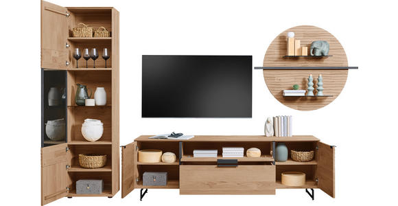 WOHNWAND  in Eichefarben  318/206/44 cm  - Eichefarben/Anthrazit, Natur, Glas/Holz (318/206/44cm) - Valnatura