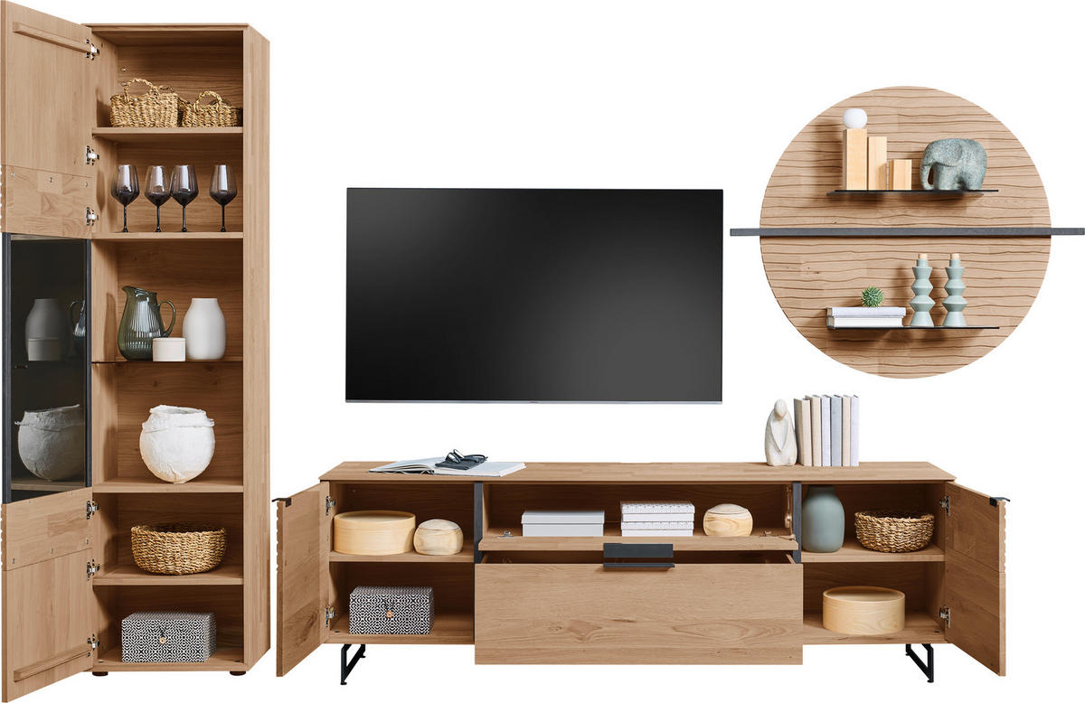 WOHNWAND  in Eichefarben  318/206/44 cm  - Eichefarben/Anthrazit, Natur, Glas/Holz (318/206/44cm) - Valnatura