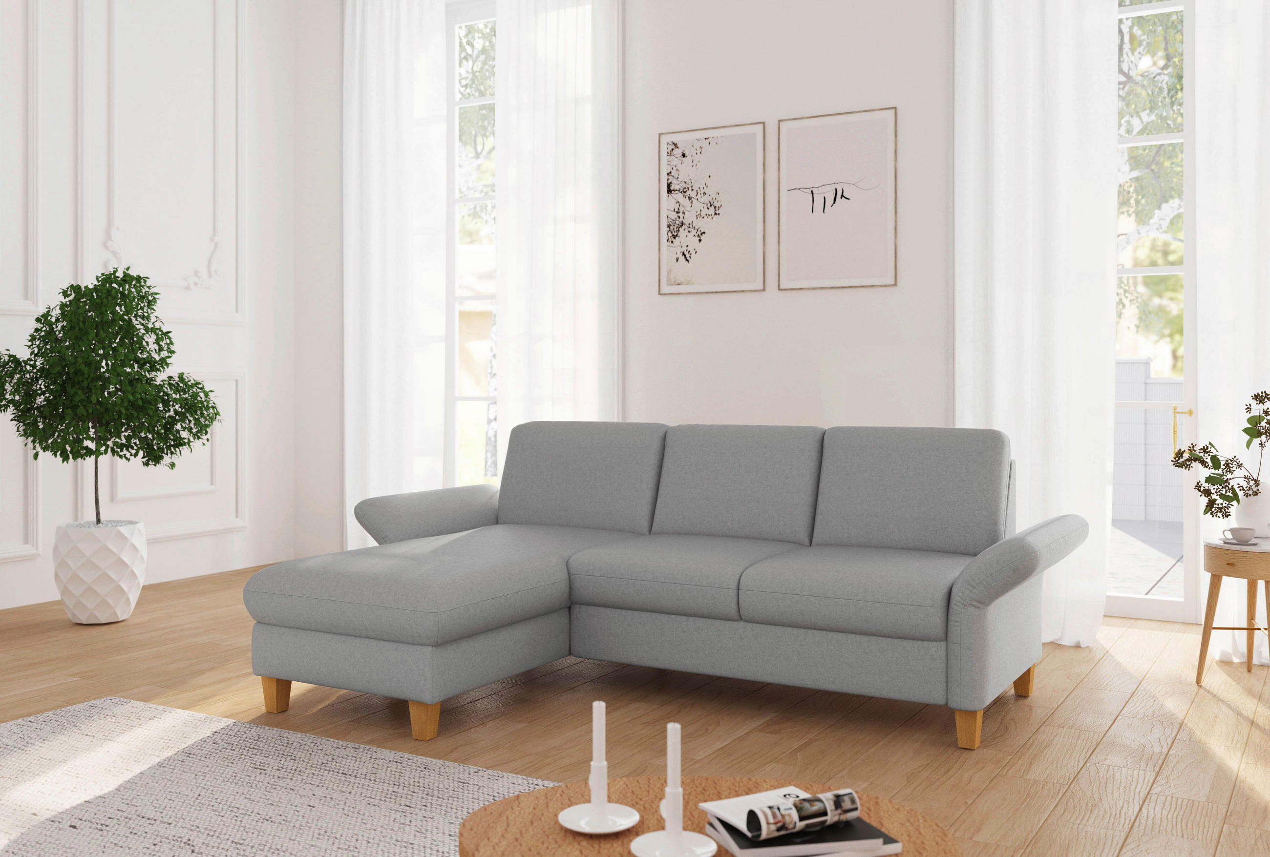 ECKSOFA ROCHELLE E Hellgrau Flachgewebe  - Eichefarben/Hellgrau, KONVENTIONELL, Holz/Textil (164/251cm) - Sit & More