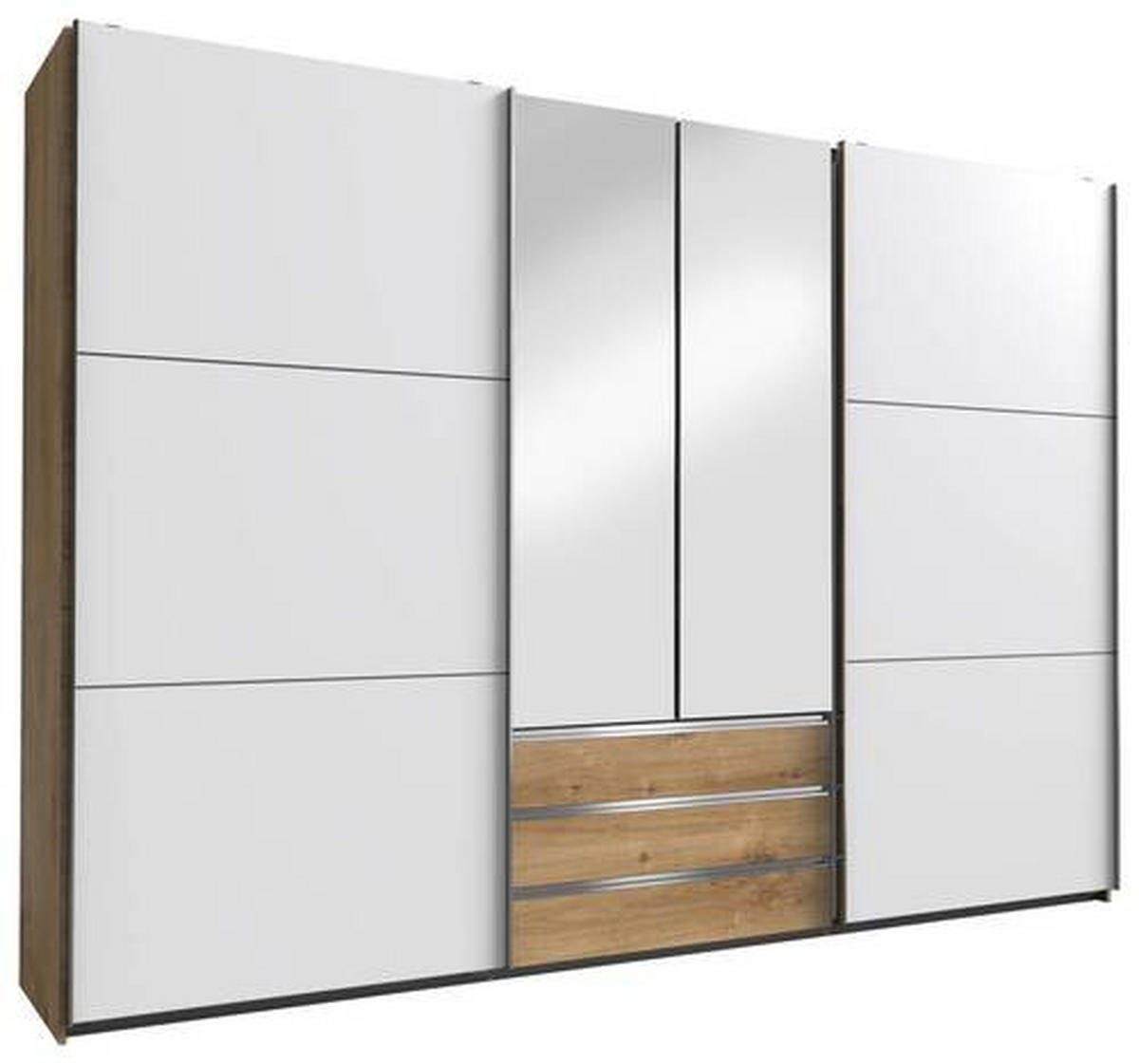 SCHWEBETÜRENSCHRANK 300/216/65 cm 4-türig Weiß, Eichefarben, Silberfarben  - Chromfarben/Eichefarben, MODERN, Glas/Holzwerkstoff (300/216/65cm) - MID.YOU