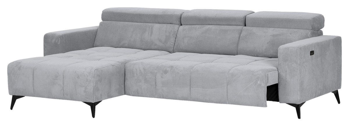 ECKSOFA Hellgrau Cord Rücken echt, Kopfteilverstellung, Sitzvorzug  - Hellgrau/Schwarz, KONVENTIONELL, Textil/Metall (170/257cm) - Carryhome