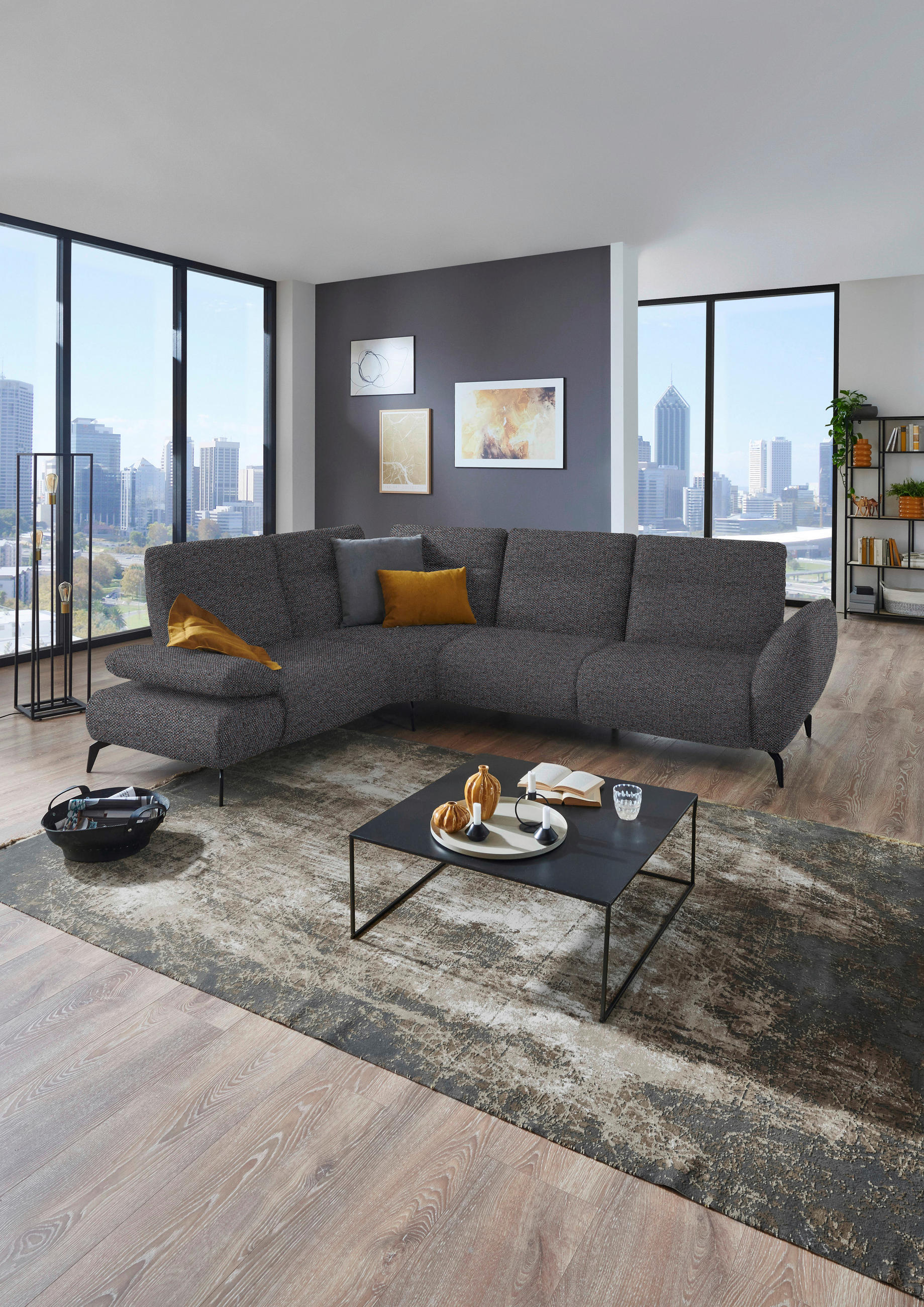 ECKSOFA in Webstoff Dunkelgrau  - Dunkelgrau/Schwarz, Design, Textil/Metall (223/290cm) - Moderano
