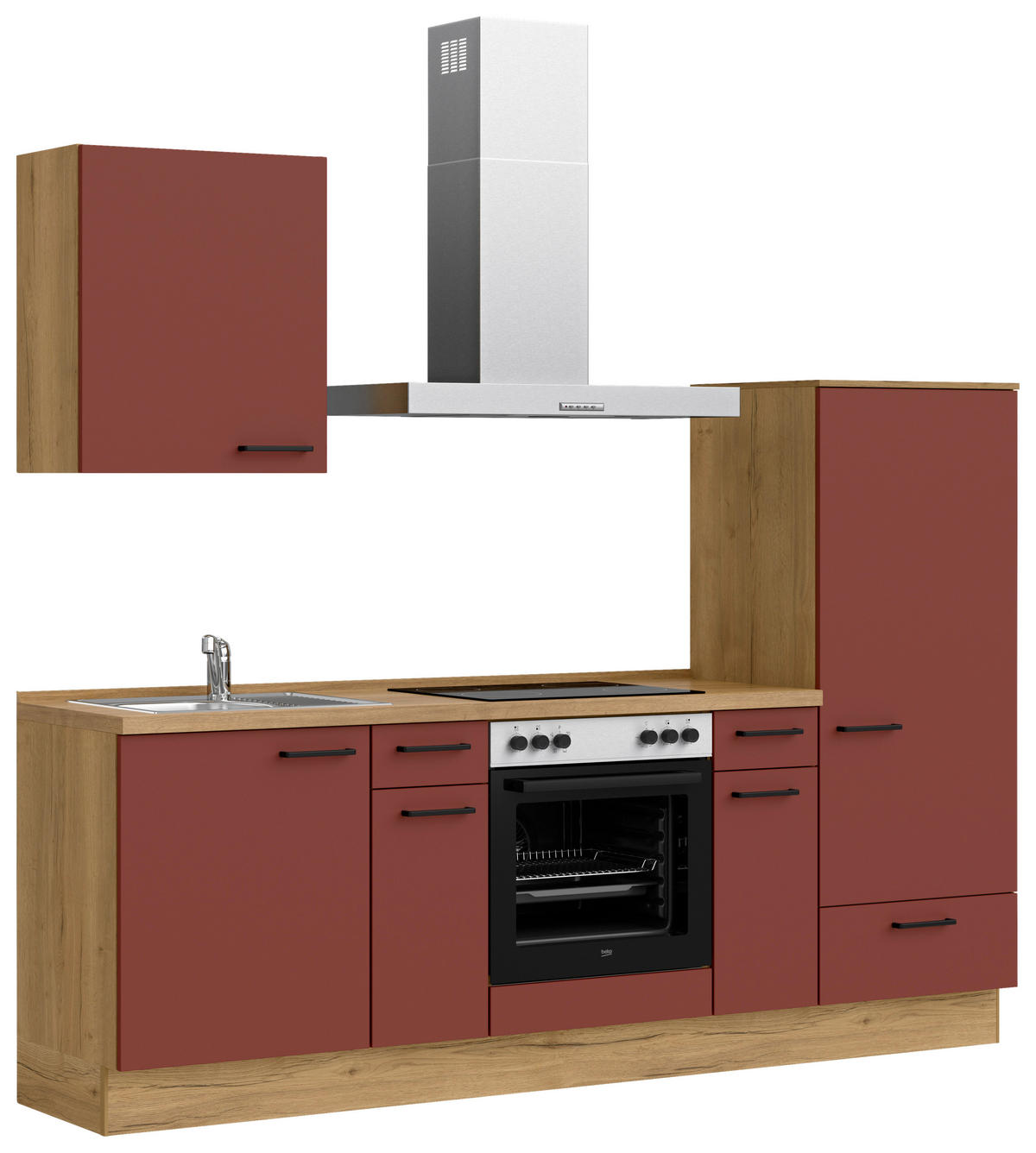 KÜCHENBLOCK Easytouch 240 cm  in Dunkelrot, Eichefarben  - Eichefarben/Schwarz, MODERN, Holzwerkstoff/Metall (240cm) - Nobilia