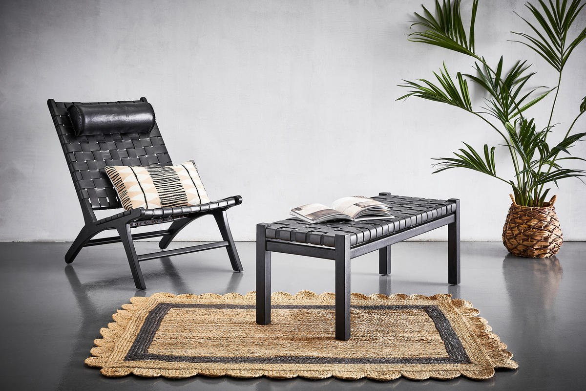 HOCKERBANK in Holz, Leder Schwarz  - Schwarz, Basics, Leder/Holz (120/45/43cm) - MID.YOU