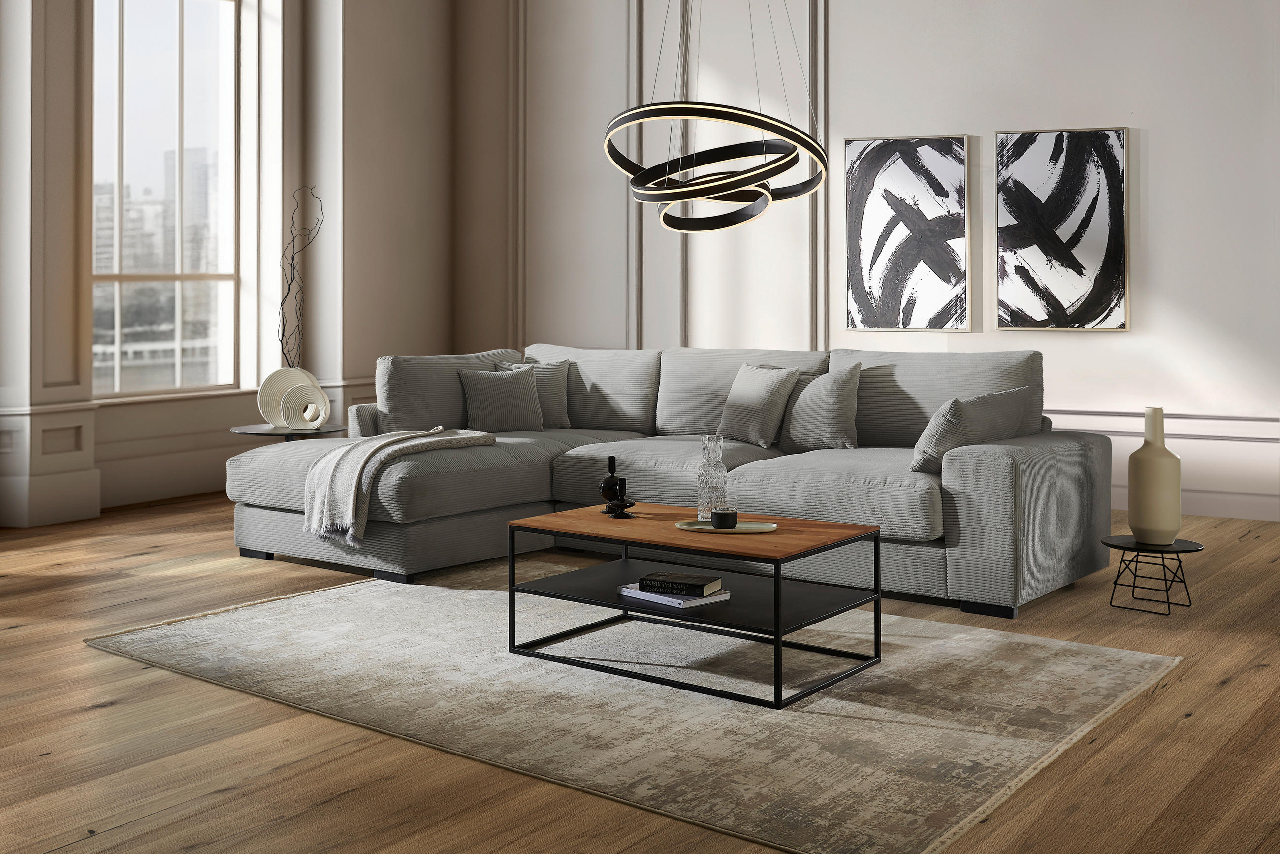 ECKSOFA in Cord Grau  - Schwarz/Grau, Design, Kunststoff/Textil (340/205cm) - Lomoco