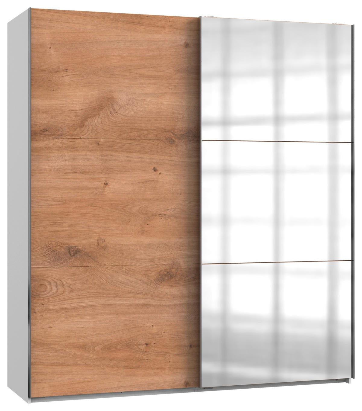 SCHWEBETÜRENSCHRANK  in Weiß, Eichefarben  - Chromfarben/Eichefarben, MODERN, Holzwerkstoff (200/216/65cm) - MID.YOU