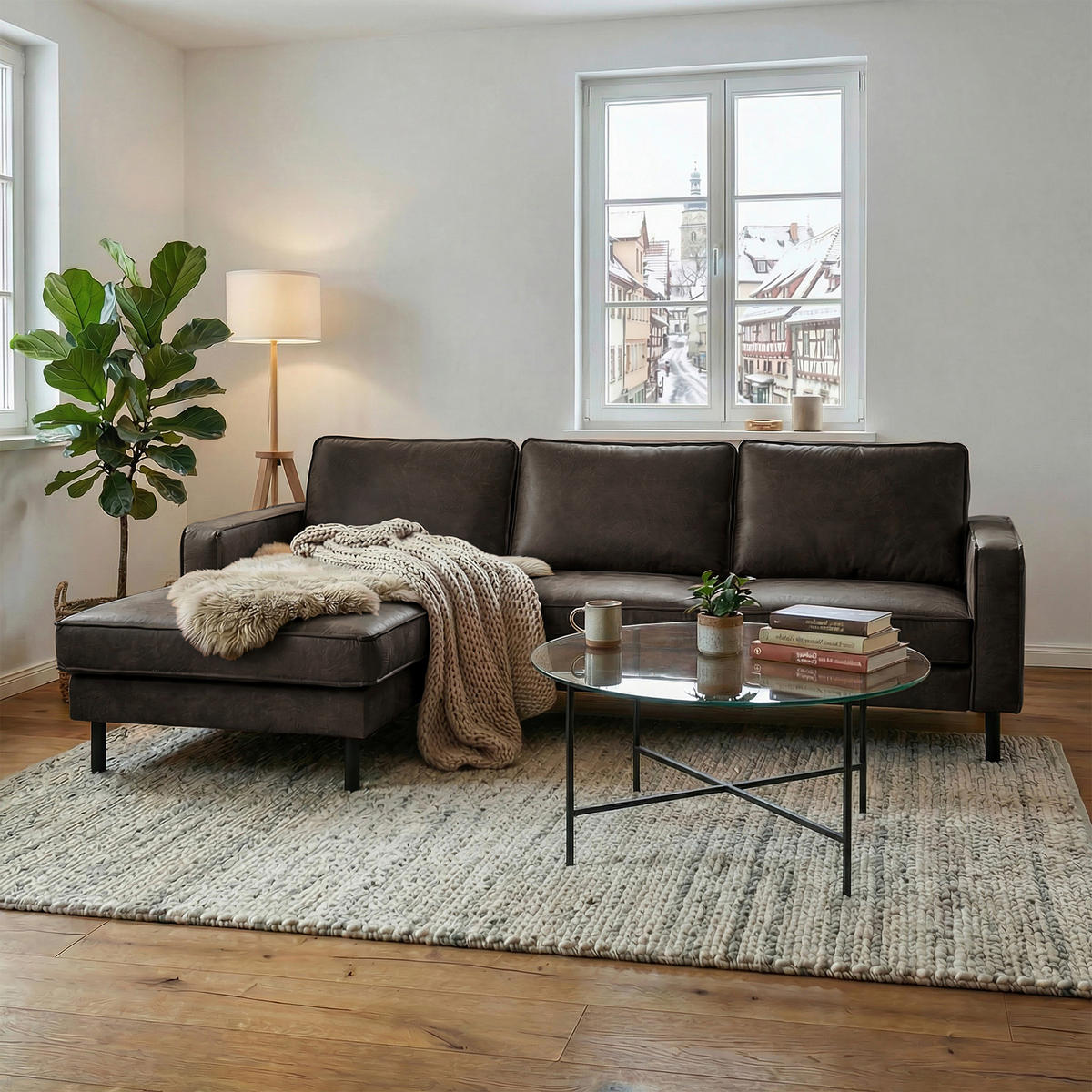 ECKSOFA  in Echtleder Fango  - Fango/Schwarz, Design, Leder/Metall (166/238cm) - Livetastic