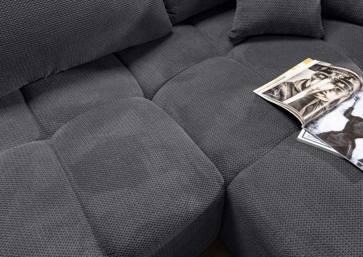 ECKSOFA Anthrazit Plüsch Zierkissen, Rückenkissen, Bettkasten, Schlaffunktion, Rücken echt, Liegefläche im Originalstoff  - Anthrazit/Schwarz, KONVENTIONELL, Kunststoff/Textil (253/192cm) - Carryhome