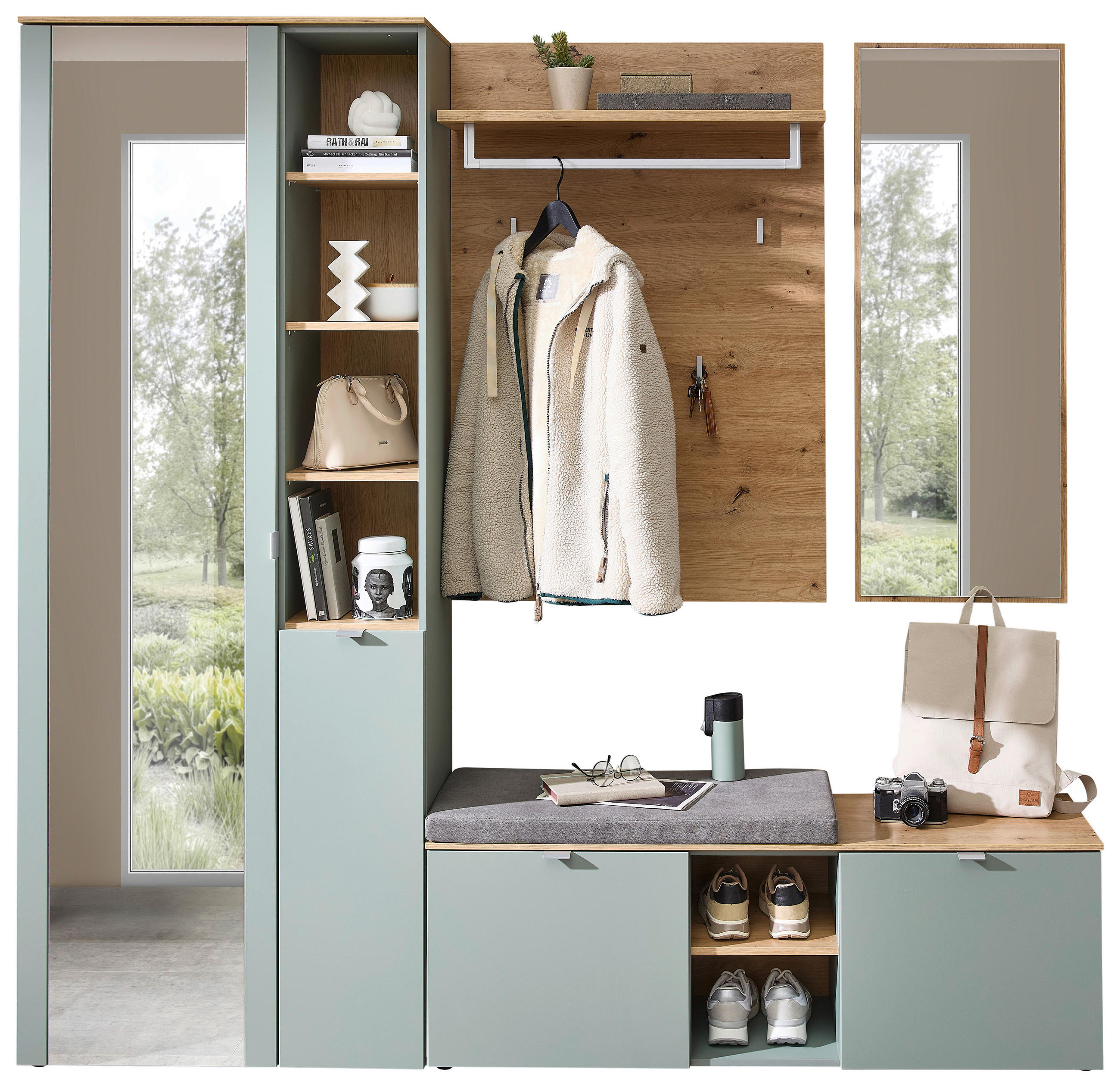 GARDEROBE 4-teilig  in 206/202/38 cm  - Salbeigrün, Design, Glas/Holzwerkstoff (206/202/38cm) - Xora