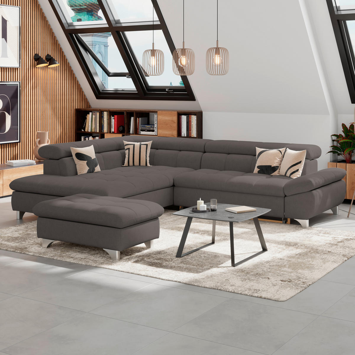 ECKSOFA Braun Chenille  - Chromfarben/Braun, KONVENTIONELL, Textil/Metall (234/312cm) - Livetastic