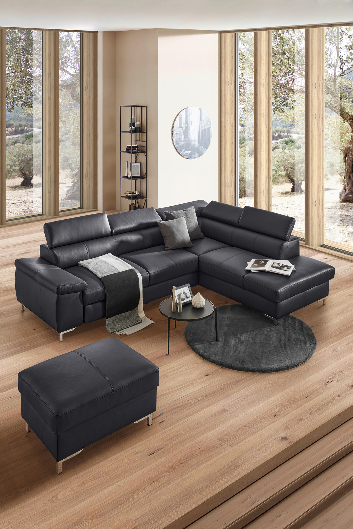 ECKSOFA in Echtleder Schwarz  268/213 cm  - Chromfarben/Schwarz, Design, Leder/Metall (268/213cm) - Stylife