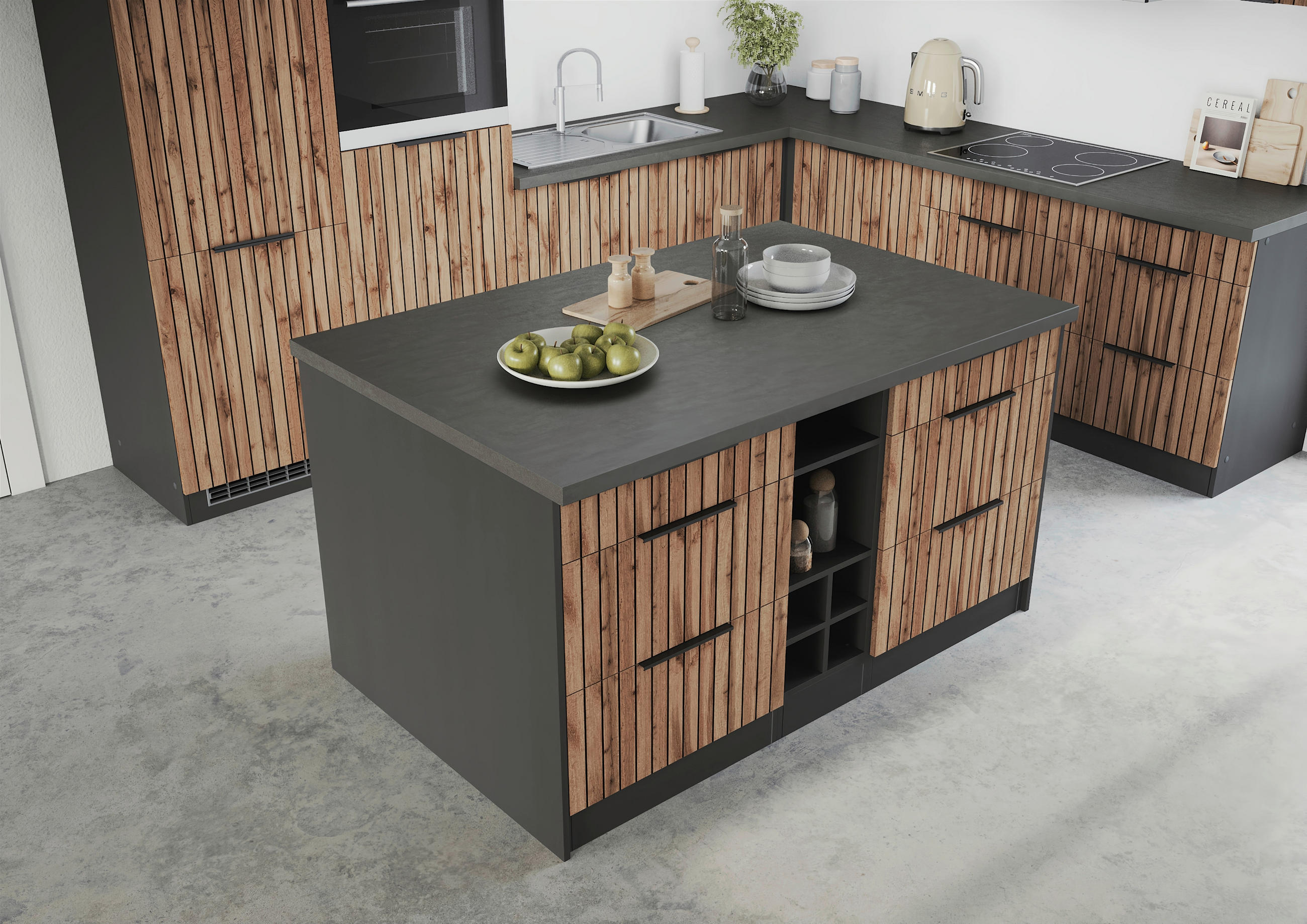 KÜCHENINSEL   in Graphitfarben, Eiche Wotan  - Schieferfarben/Eiche Wotan, Basics, Holzwerkstoff/Metall (153/86/101cm) - Held