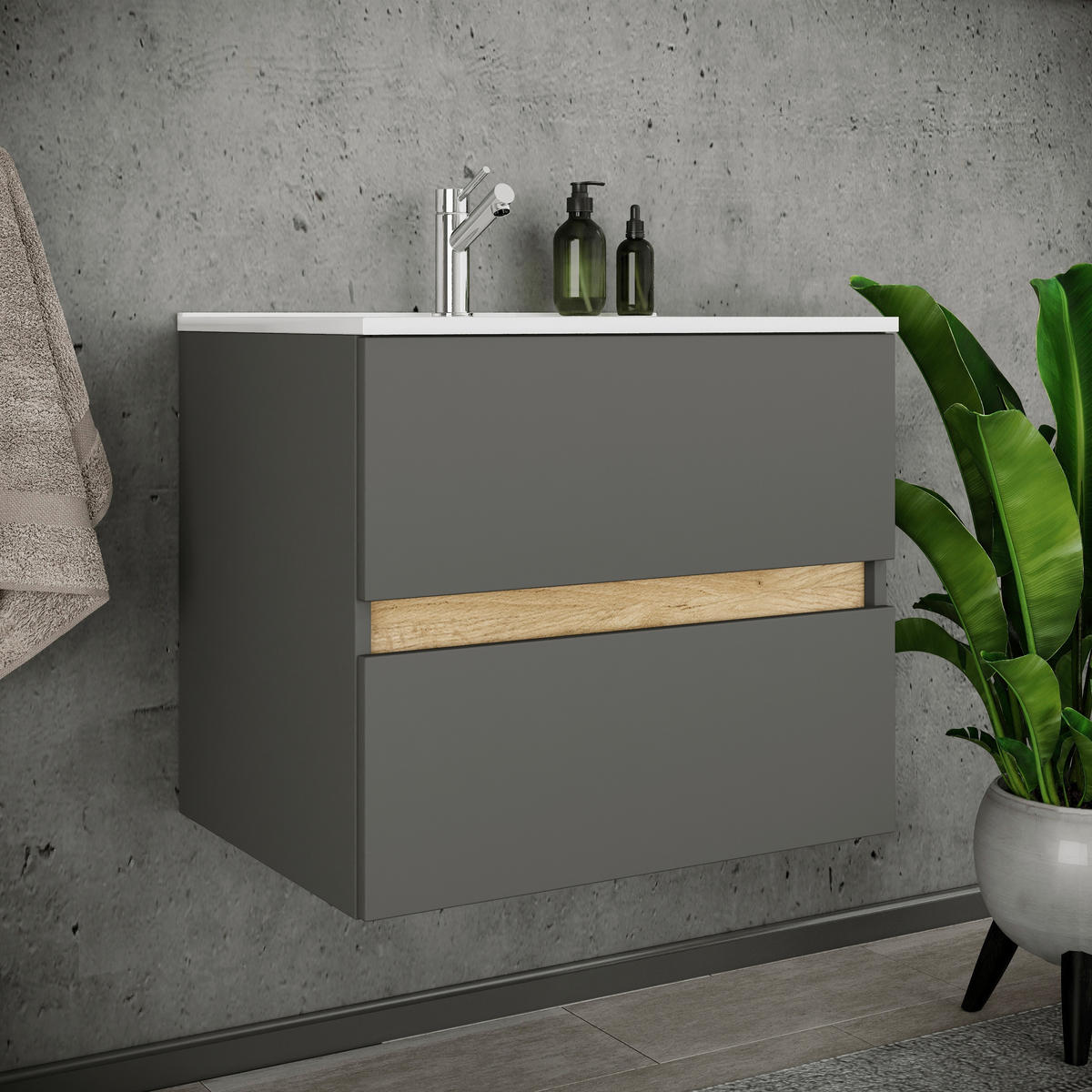 BADEZIMMER 2-teilig  in  - Honigeiche/Anthrazit, Trend, Keramik/Holzwerkstoff (61/51/47cm) - MID.YOU