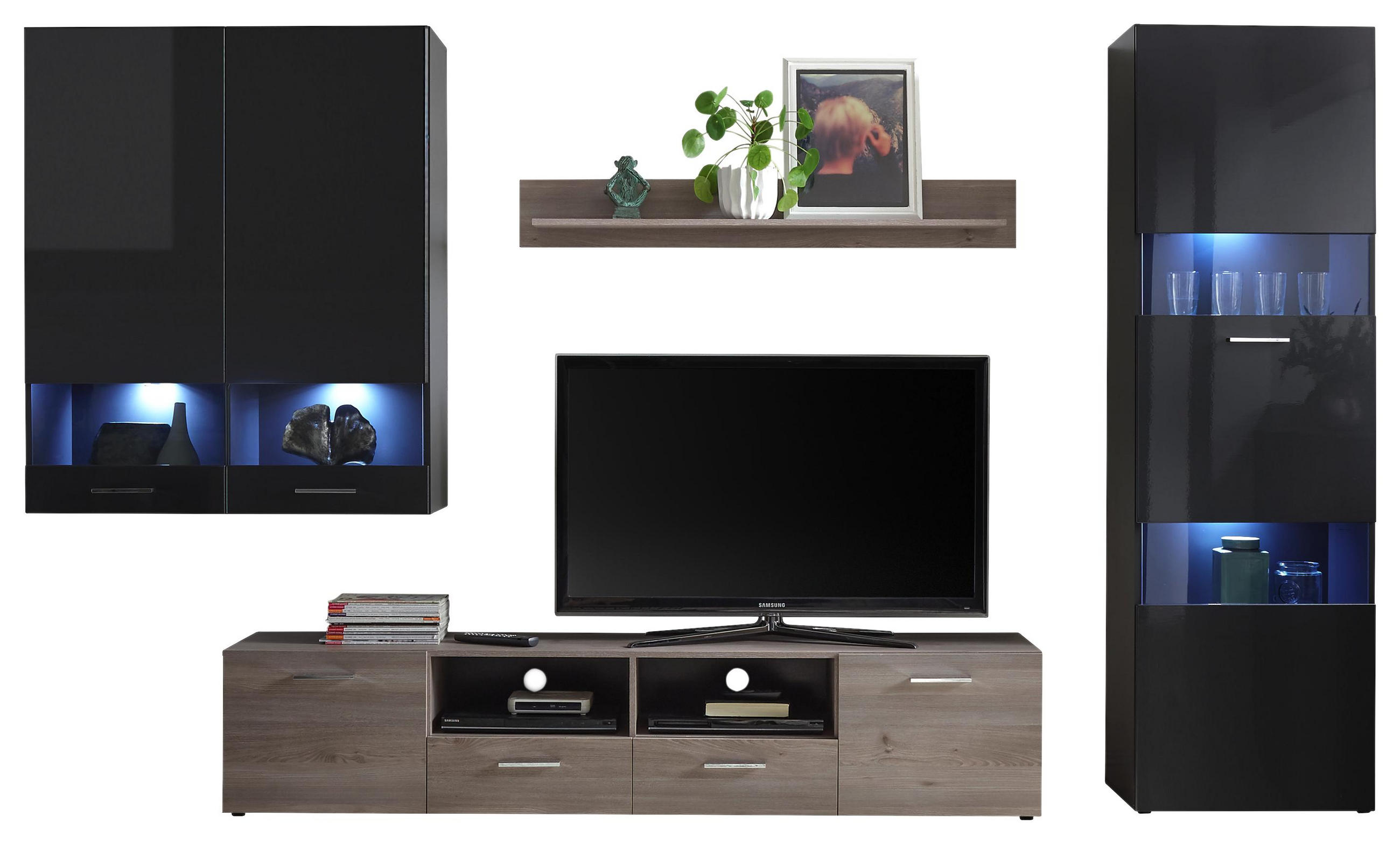 Wohnwand in Anthrazit, Grau, Silbereichenfarben