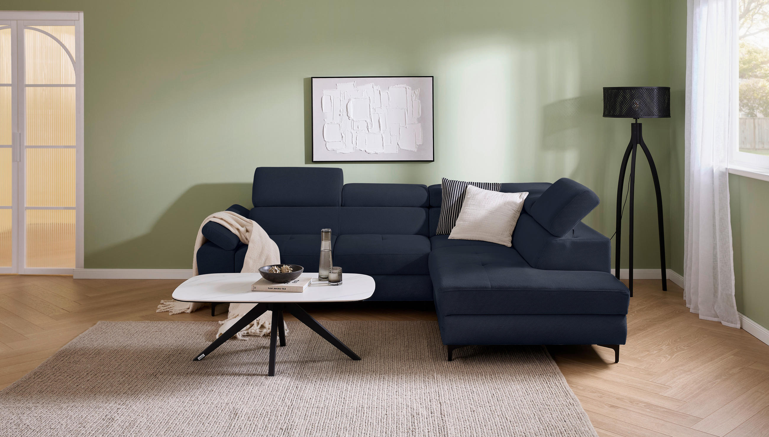 ECKSOFA in Flachgewebe Dunkelblau  - Schwarz/Dunkelblau, Design, Textil/Metall (266/206cm) - Stylife