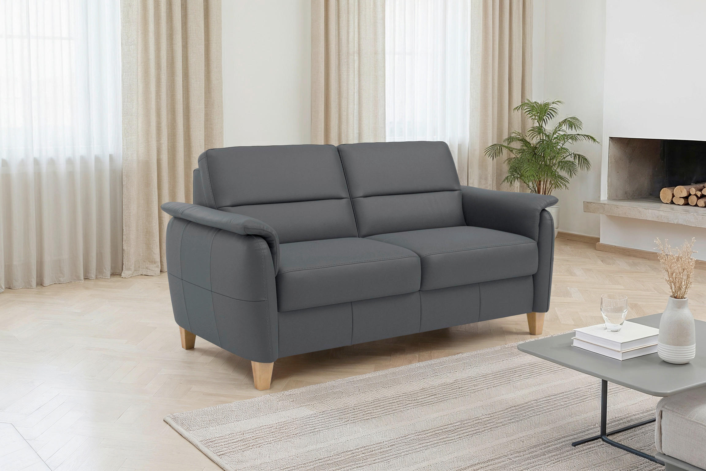 3-SITZER-SOFA PALMERA E Echtleder Schwarz  - Eichefarben/Schwarz, Basics, Leder/Holz (179/89/89cm) - Sit & More