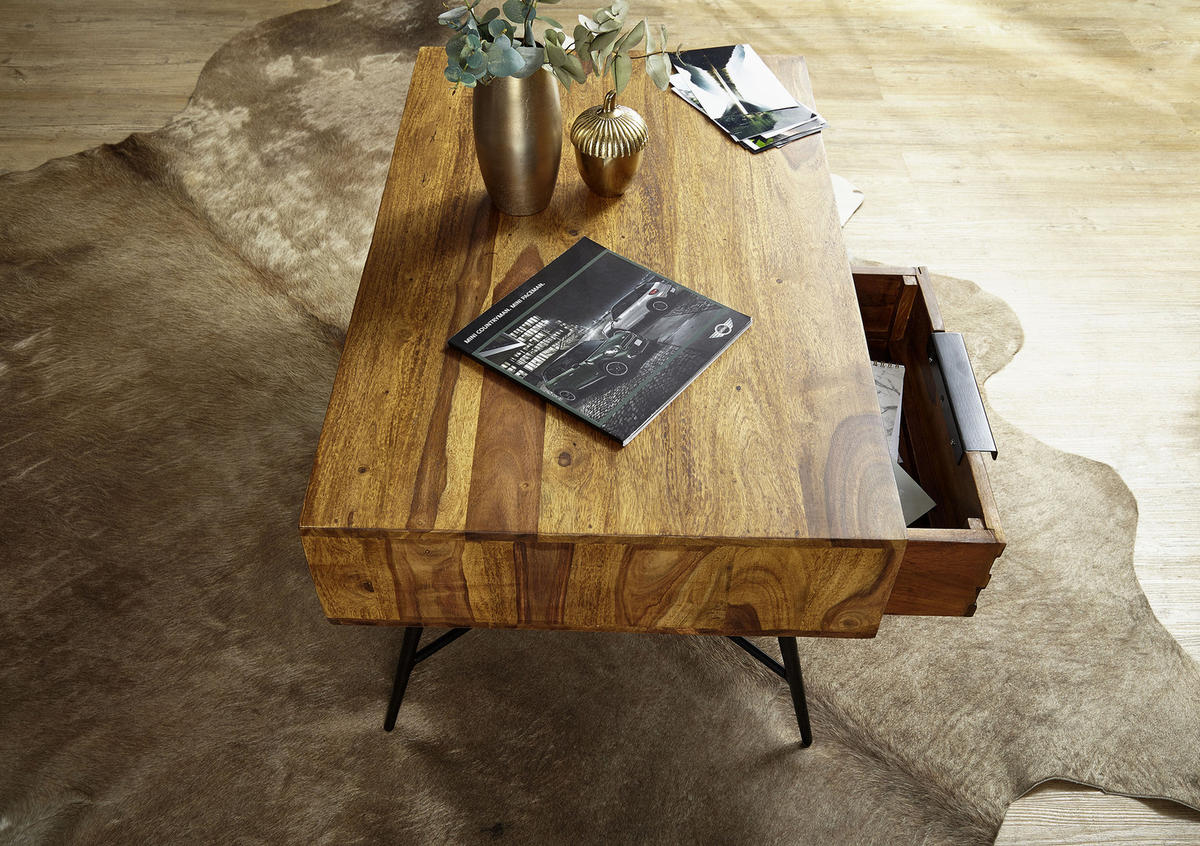 Couchtisch "Nishan" , Sheesham massiv 87/41/55 cm rechteckig Sheeshamfarben  - Sheeshamfarben/Schwarz, Design, Holz/Metall (87/41/55cm) - MID.YOU
