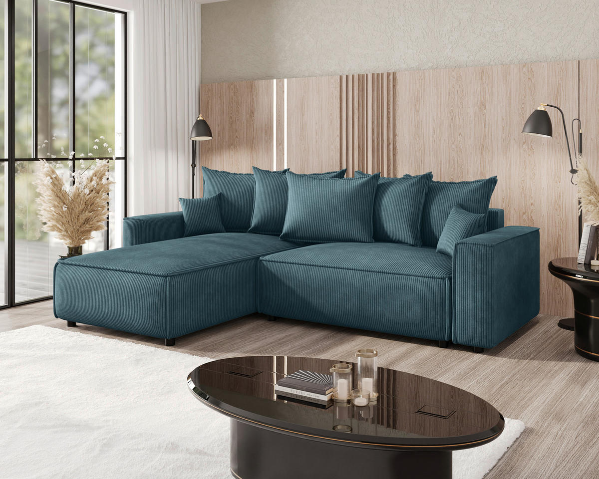 ECKSOFA 190/280 cm MERO in Cord Blau Zierkissen, Rückenkissen, Bettkasten  190/280 cm  - Blau/Schwarz, MODERN, Kunststoff/Textil (190/280cm) - MID.YOU
