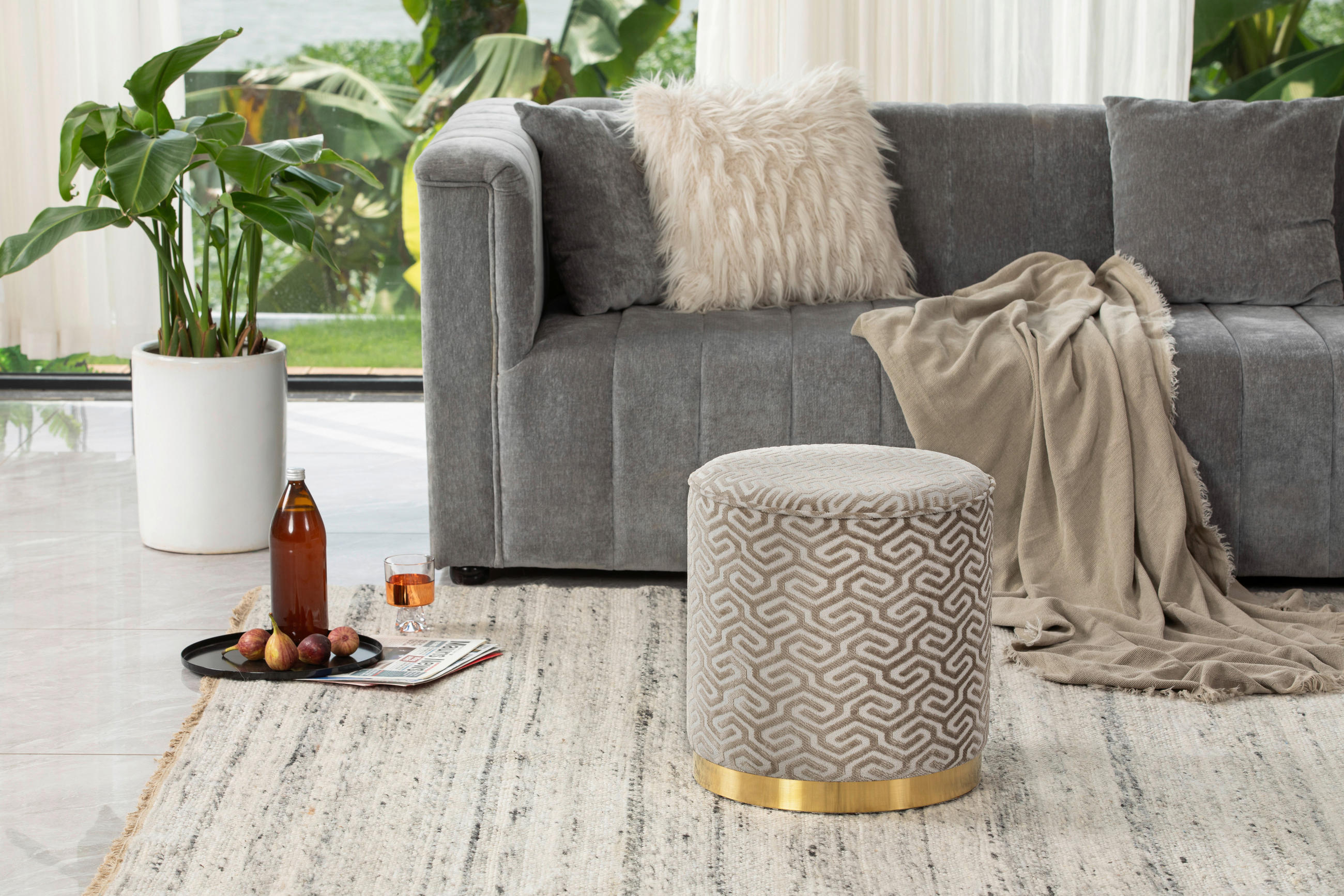 POUF in Beige Metall, Textil, Holzwerkstoff  - Beige/Weiß, Design, Holzwerkstoff/Textil (40/42/40cm) - MID.YOU