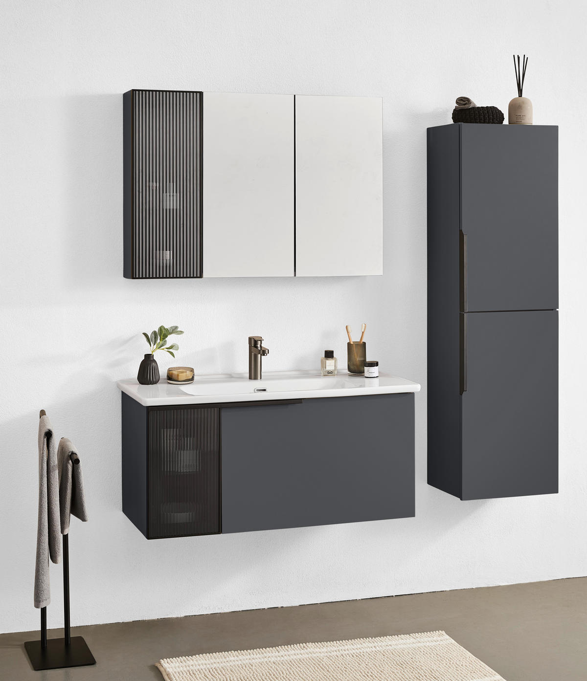 BADEZIMMER 3-teilig  in  - Weiß Hochglanz/Anthrazit, MODERN, Glas/Keramik (100/114/45cm) - MID.YOU