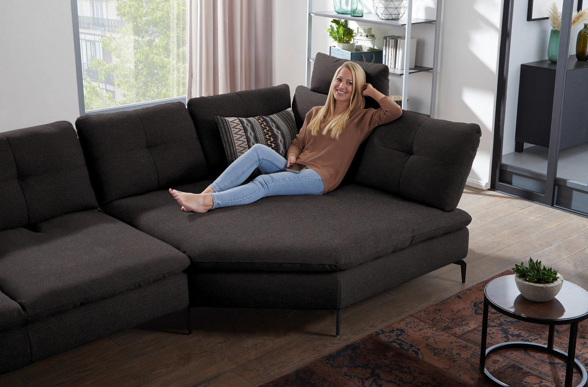 ECKSOFA in Flachgewebe Schwarz  - Schwarz, Design, Textil/Metall (344/157cm) - Chilliano