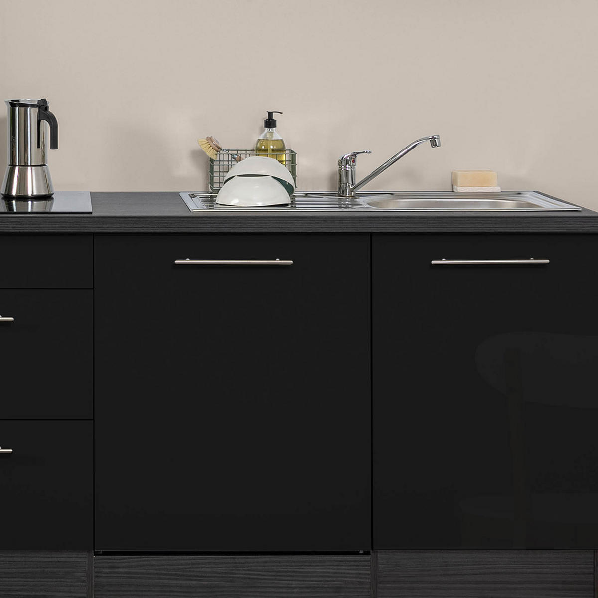 KÜCHENBLOCK 280 cm   in Schwarz, Eichefarben  - Edelstahlfarben/Eichefarben, Basics, Holzwerkstoff/Metall (280cm) - Respekta