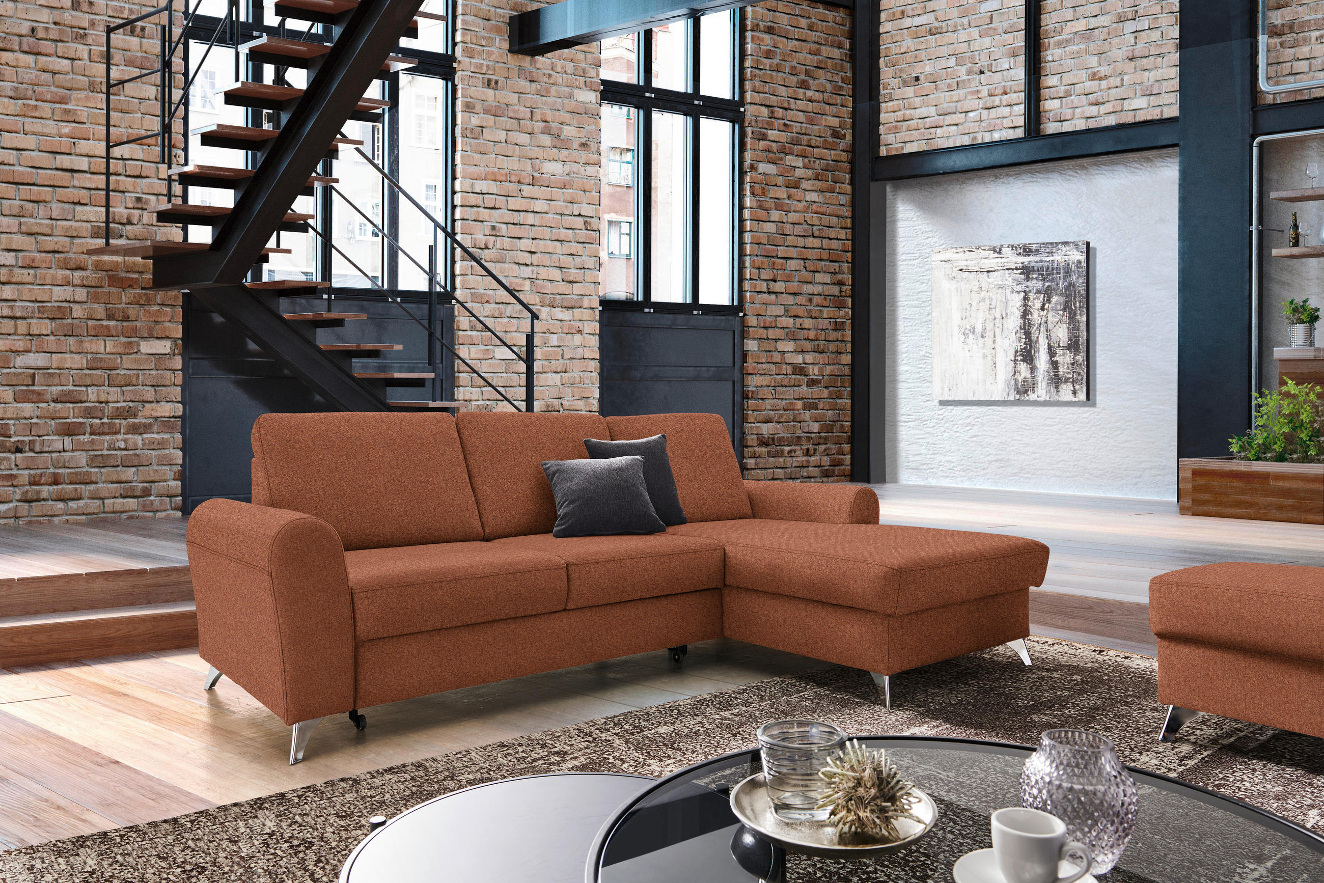 ECKSOFA in Flachgewebe Orange, Rostfarben  - Rostfarben/Silberfarben, Design, Textil/Metall (244/167cm) - Cantus