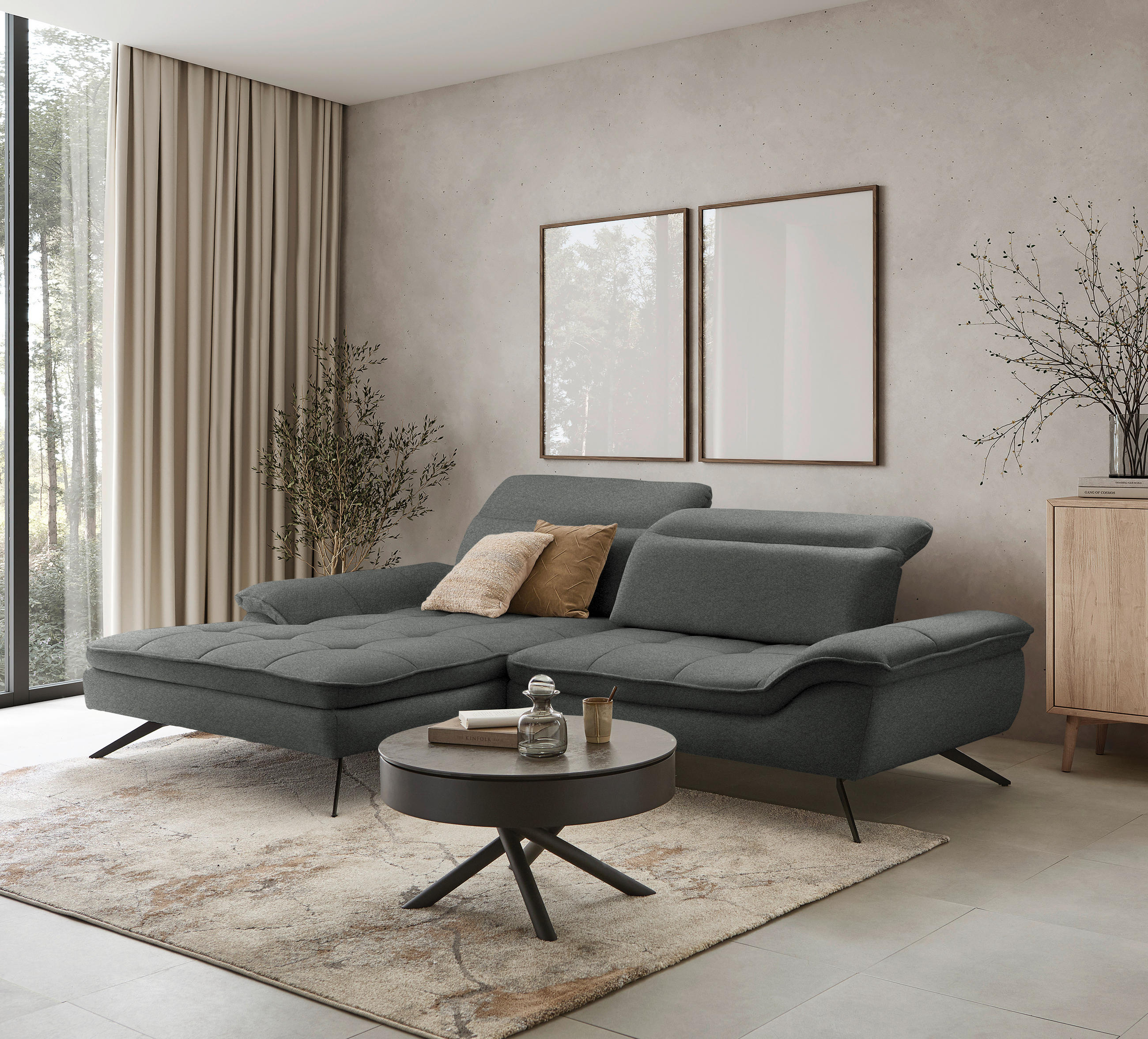 ECKSOFA in Chenille Anthrazit  179-202/288 cm  - Anthrazit/Schwarz, Design, Textil/Metall (179-202/288cm) - Stylife