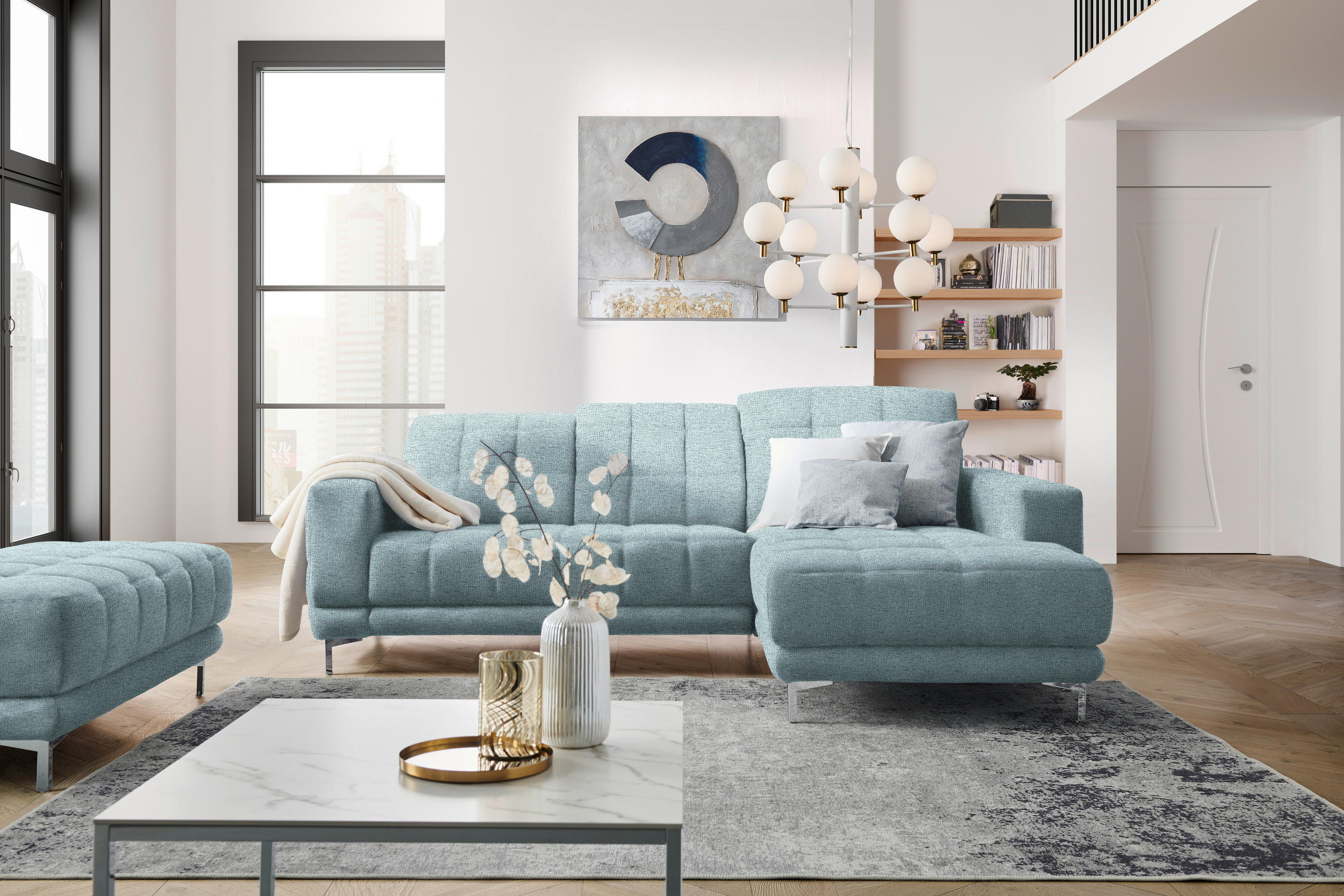 ECKSOFA in Webstoff Pastellblau  - Chromfarben/Pastellblau, Design, Textil/Metall (260/187cm) - Xora