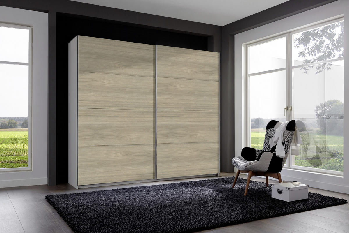 SCHWEBETÜRENSCHRANK 225/210/65 cm 2-türig Hickory, Eichefarben, Weiß  - Eichefarben/Alufarben, Design, Holzwerkstoff/Metall (225/210/65cm) - Boxxx