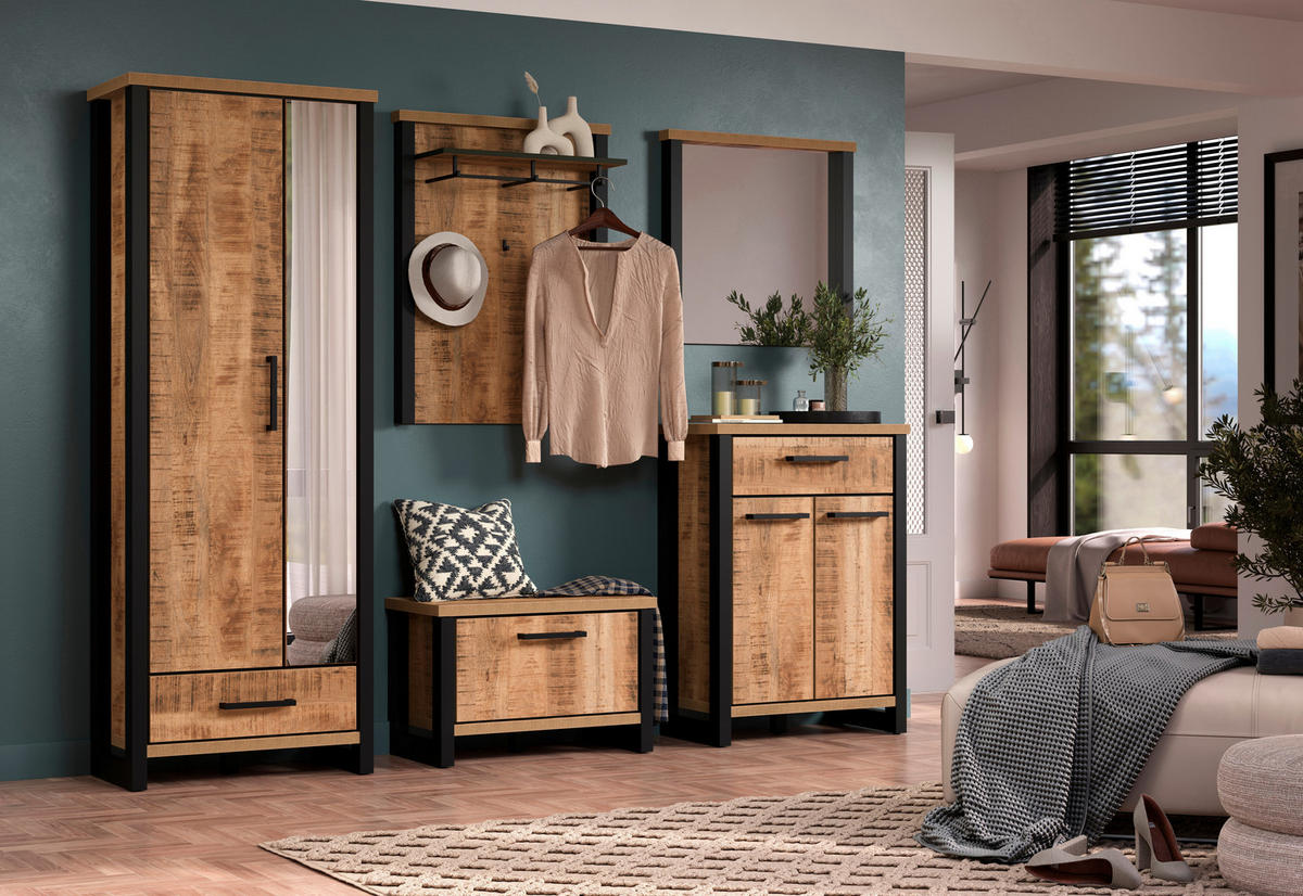 GARDEROBE 5-teilig  in 249/195/39 cm  - Schwarz/Naturfarben, Basics, Glas/Holzwerkstoff (249/195/39cm) - MID.YOU