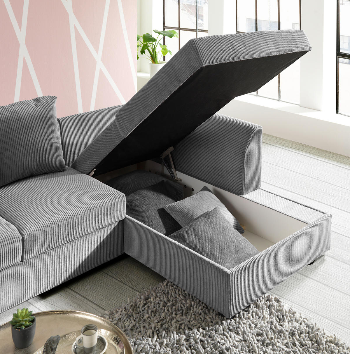 ECKSOFA in Cord Hellgrau  - Hellgrau/Schwarz, Design, Kunststoff/Textil (259/174cm) - Cantus