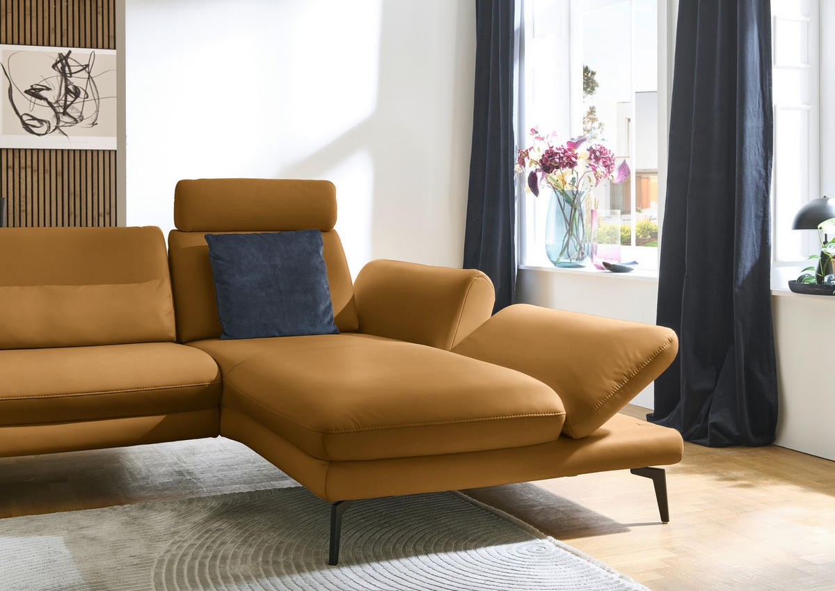 ECKSOFA in Echtleder Currygelb  - Currygelb/Schwarz, Design, Leder/Metall (308/195cm) - Dieter Knoll