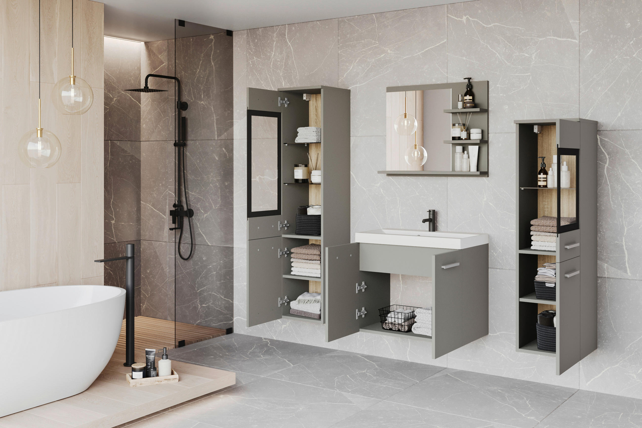 BADEZIMMER 5-teilig  in  - Hellgrau/Weiß, LIFESTYLE, Glas/Keramik (120,4/131,5/34,5cm) - P & B