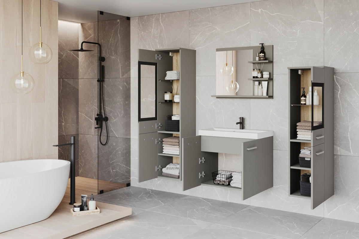 BADEZIMMER 5-teilig  in  - Hellgrau/Weiß, LIFESTYLE, Glas/Keramik (120,4/131,5/34,5cm) - P & B