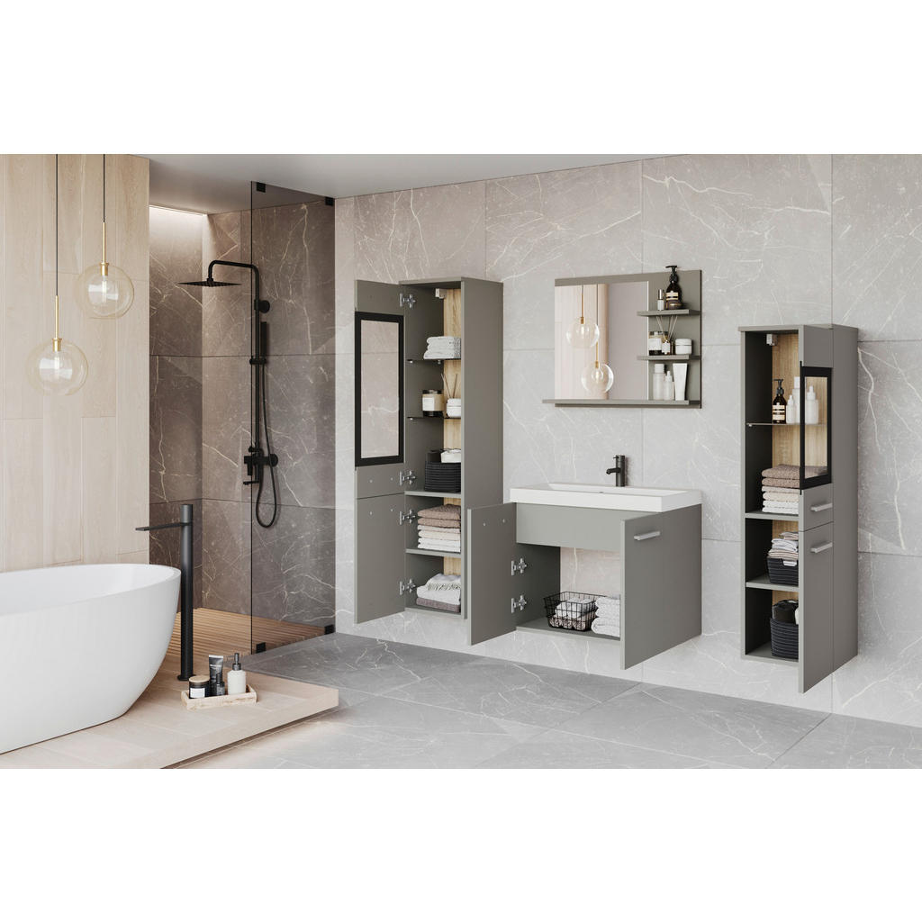 Thumbnail - P & B Badezimmer, Hellgrau, Kunststoff, 5-teilig, 7 Fächer, 120.4x131.5x34.5 cm, Fsc, hängend, Spiegel mit Ablage, Badez...