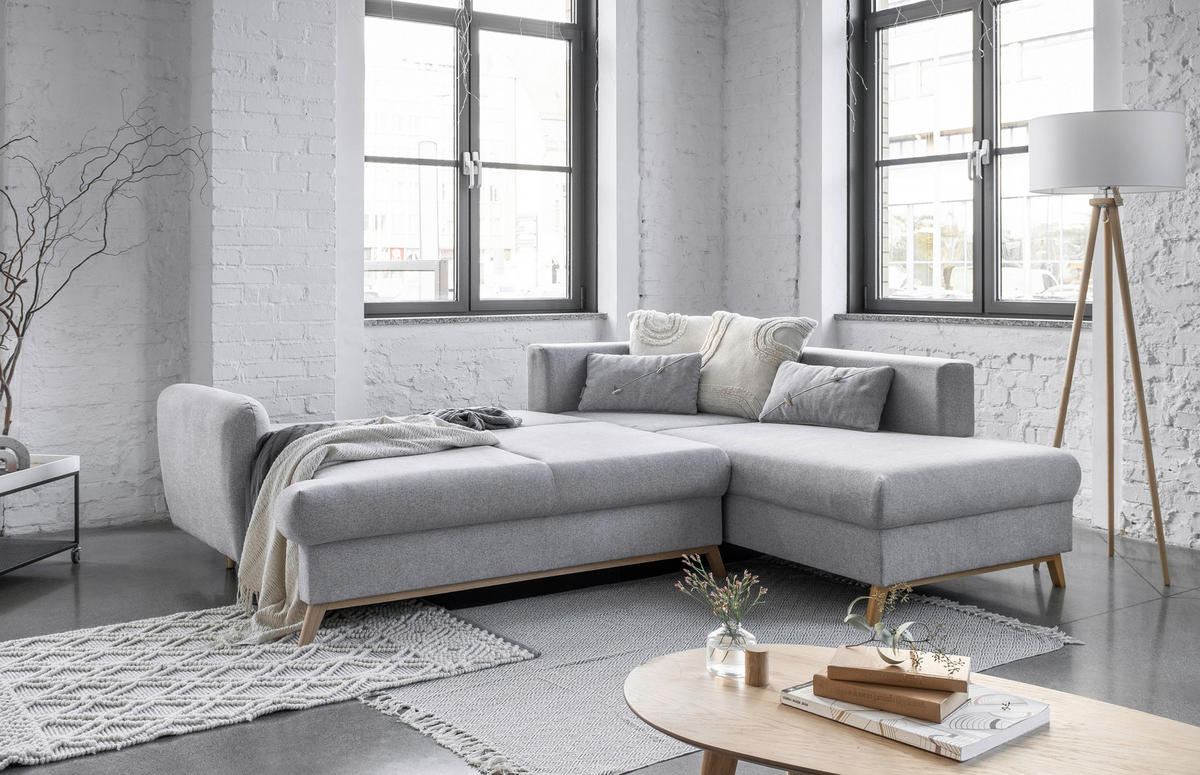 ECKSOFA Hellgrau Chenille  - Hellgrau/Naturfarben, Holz/Textil (242/202cm) - MID.YOU