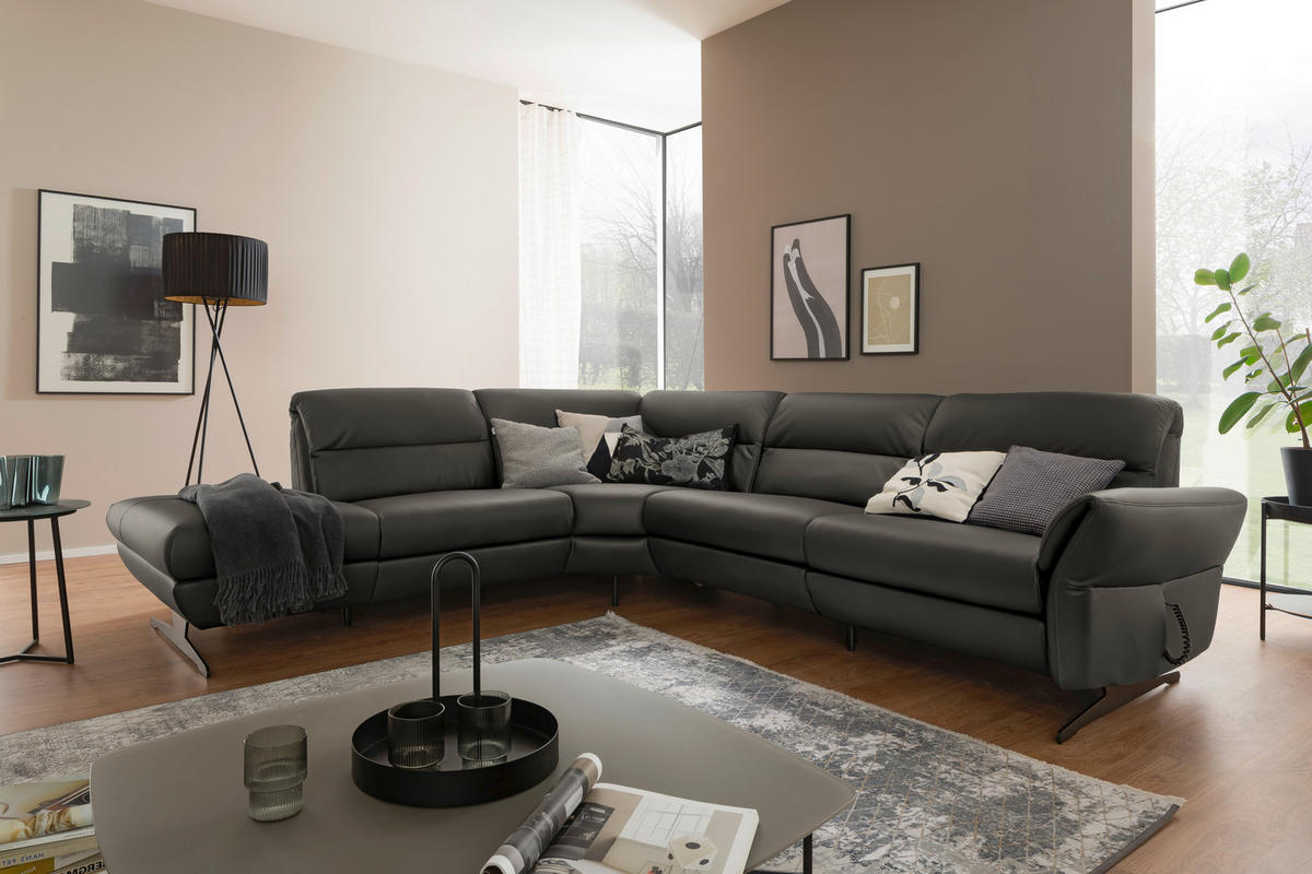 ECKSOFA Dunkelgrau Echtleder  - Dunkelgrau/Schwarz, Design, Leder/Metall (258/286cm) - Schöner Wohnen