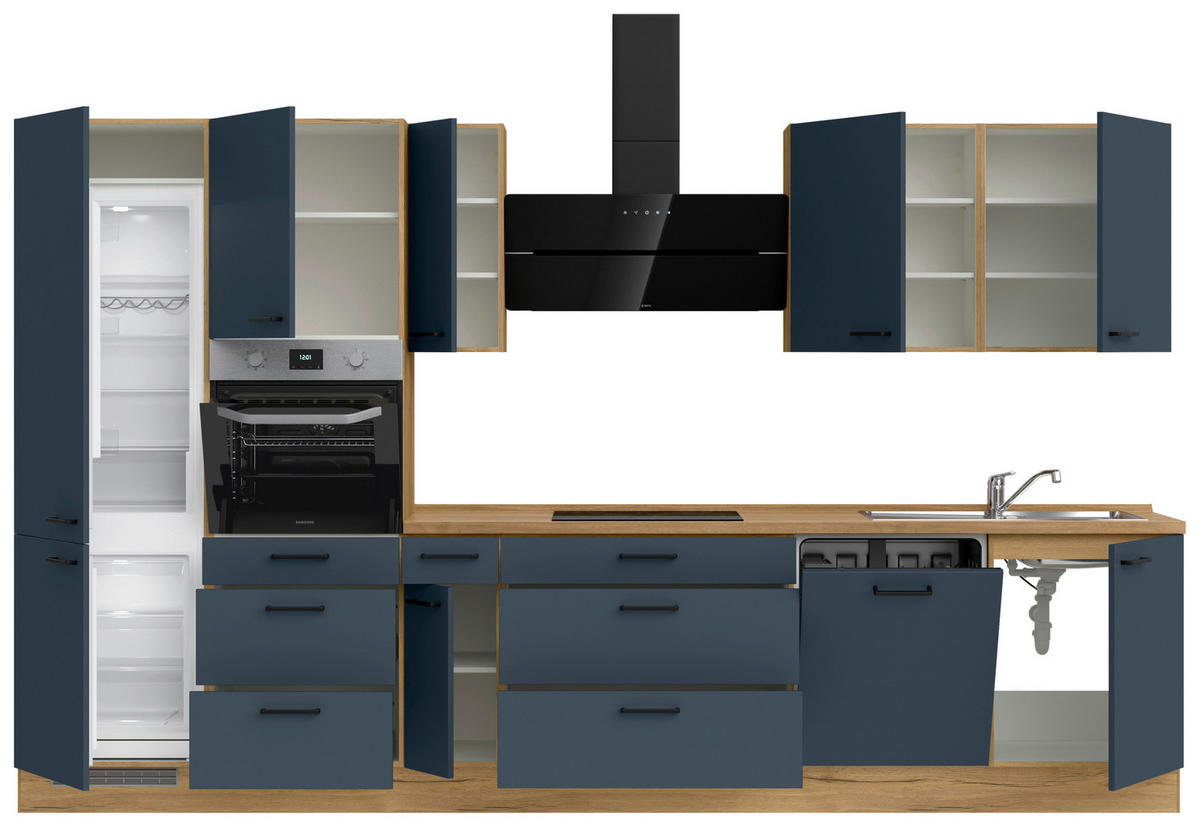 KÜCHENBLOCK 360 cm   in Eichefarben, Dunkelblau  - Eichefarben/Schwarz, MODERN, Holzwerkstoff/Metall (360cm) - Nobilia