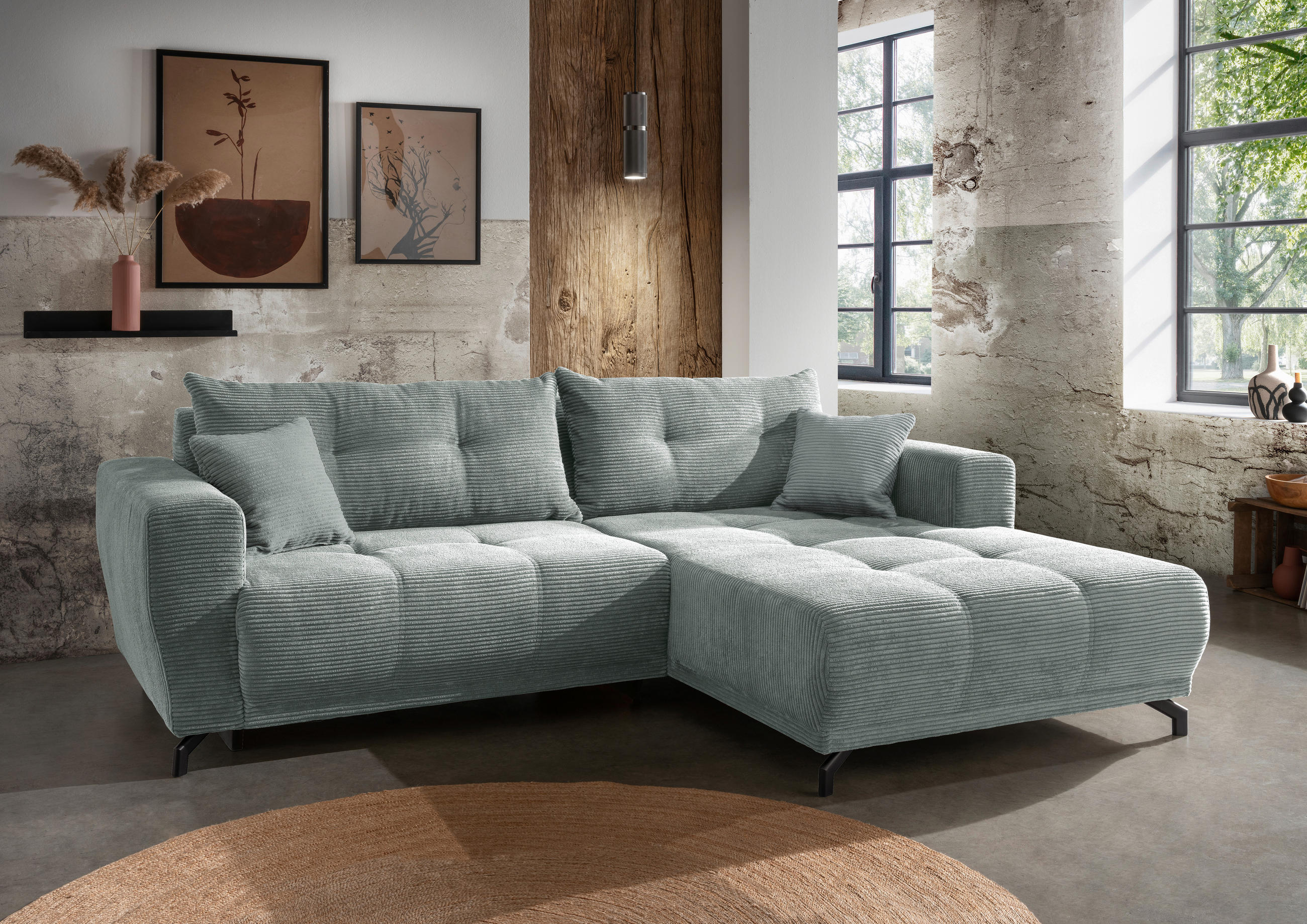 ECKSOFA in Cord Hellblau  - Schwarz/Hellblau, Modern, Holz/Textil (246/177cm) - MID.YOU