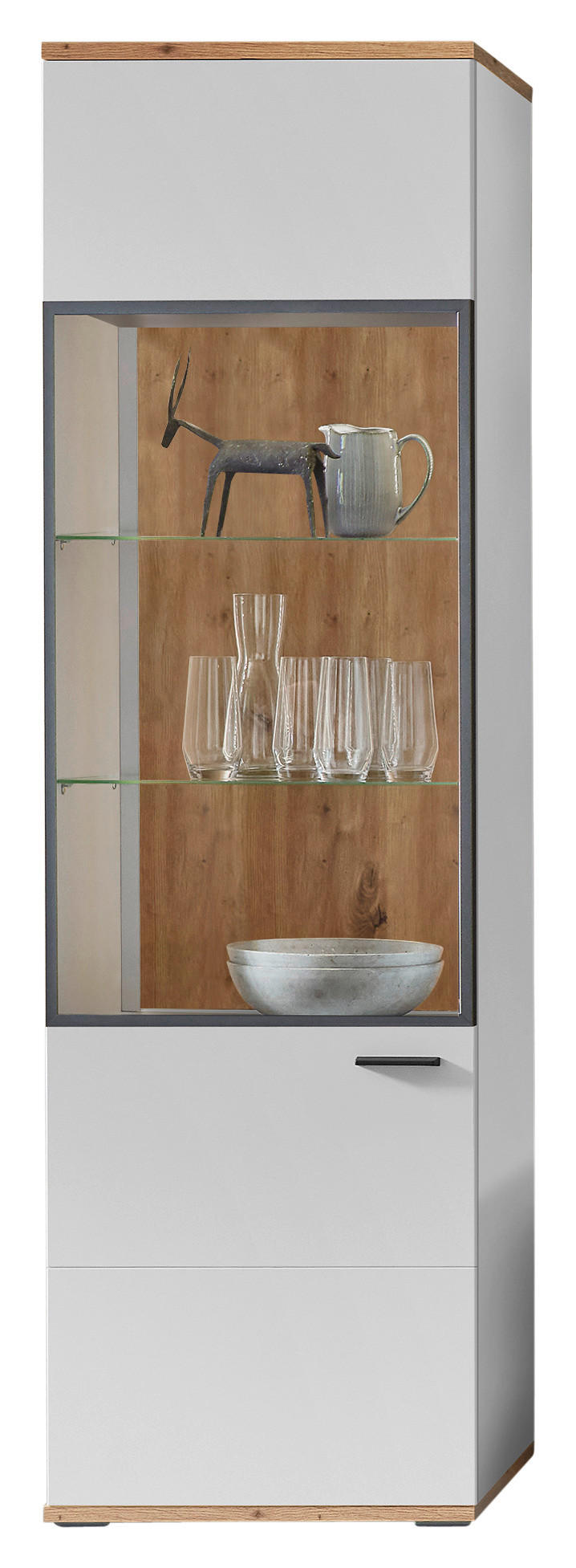 home24 Vitrine Basset Schwarz, Weiß, Eiche Artisan 60x206x37 cm