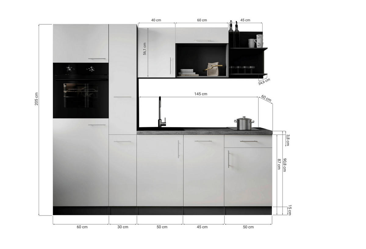 MODULKÖK 235 cm   i svart  - svart/grå, Trend, metall/trämaterial (235cm) - Respekta