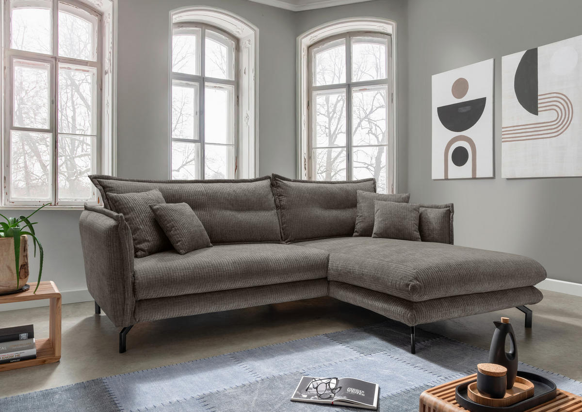 ECKSOFA Graubraun Mikrofaser  - Graubraun/Schwarz, Design, Textil/Metall (255/180cm) - Livetastic