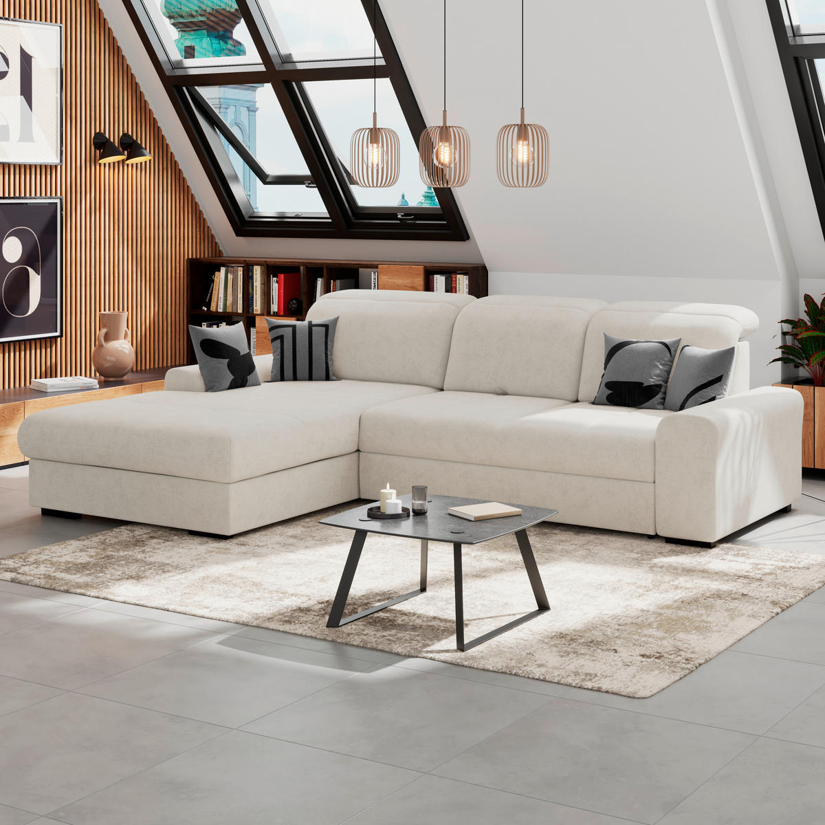 ECKSOFA Elfenbein Chenille Rücken echt, Kopfteilverstellung  - Elfenbein/Schwarz, KONVENTIONELL, Holz/Textil (203/286cm) - MID.YOU